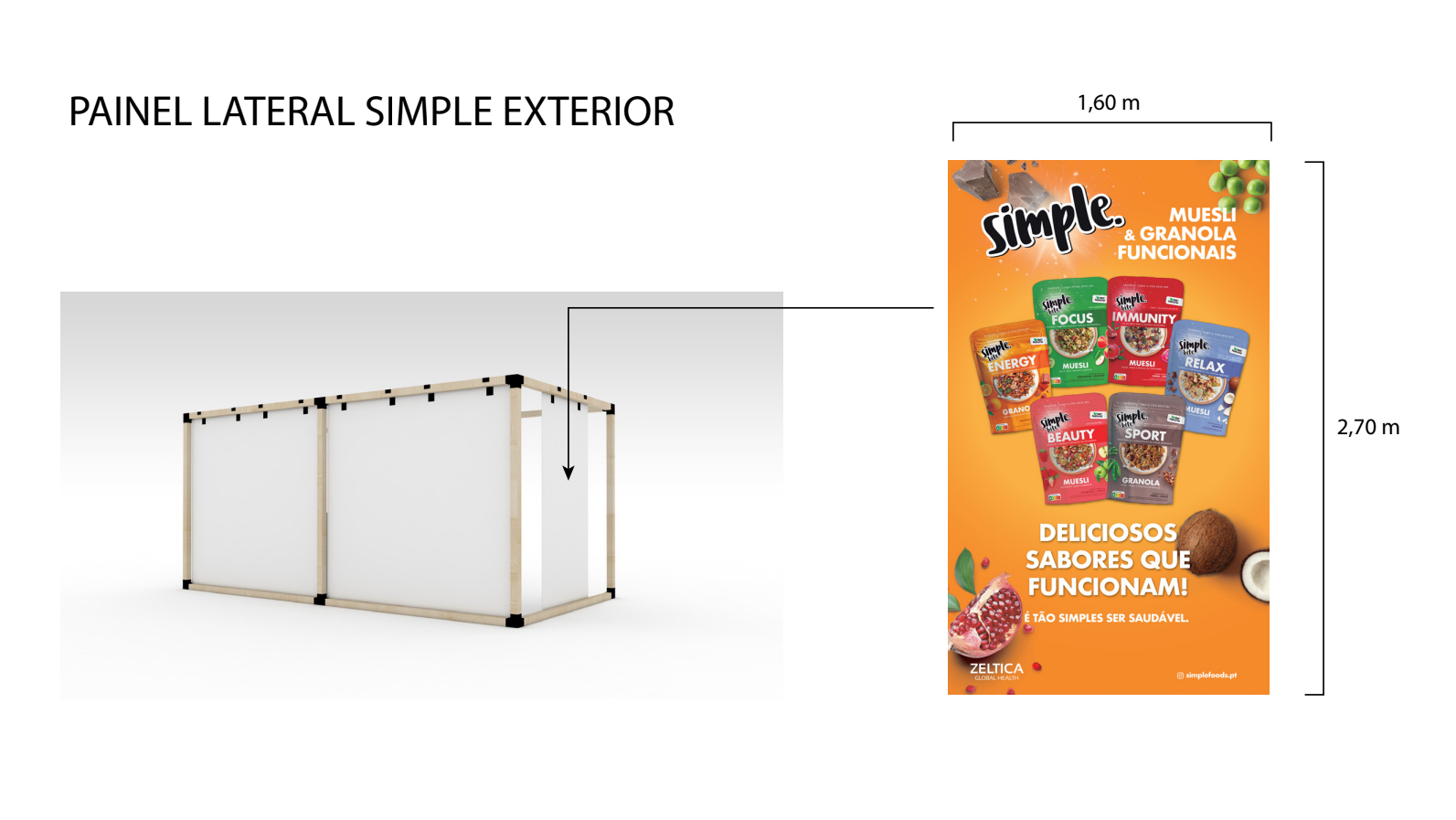 Diagram of a simple exterior side wall panel for a structure, with dimensions of 1.60 meters width and 2.70 meters height, displayed next to an advertisement for Simple brand muesli and granola products in Portuguese.
