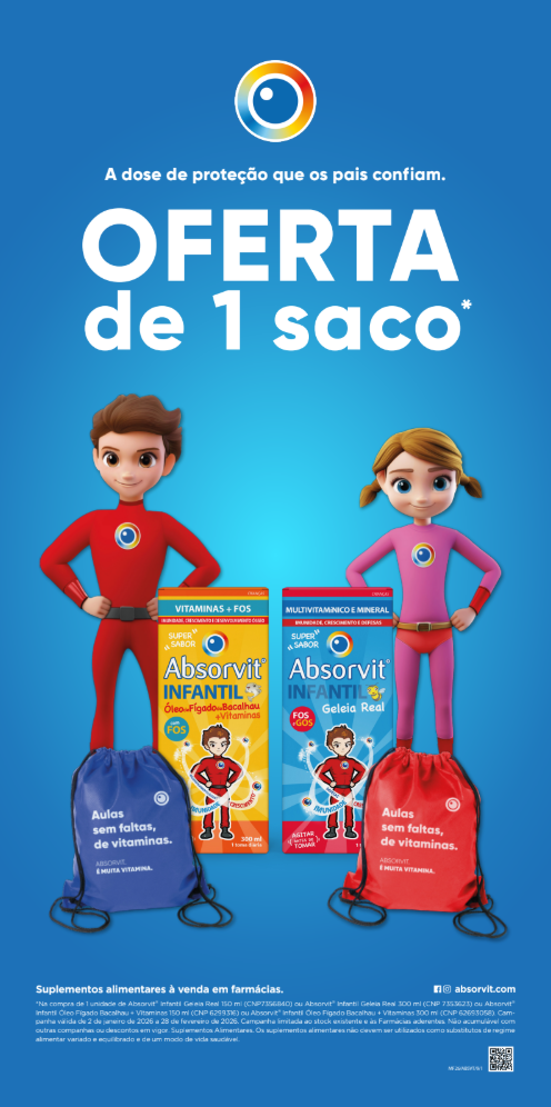 Advertisement for children's vitamin supplements, showing two animated children in superhero costumes, one male in red and one female in pink, with two color-coded pouches and vitamin supplement boxes labeled Absorvit Infantil.