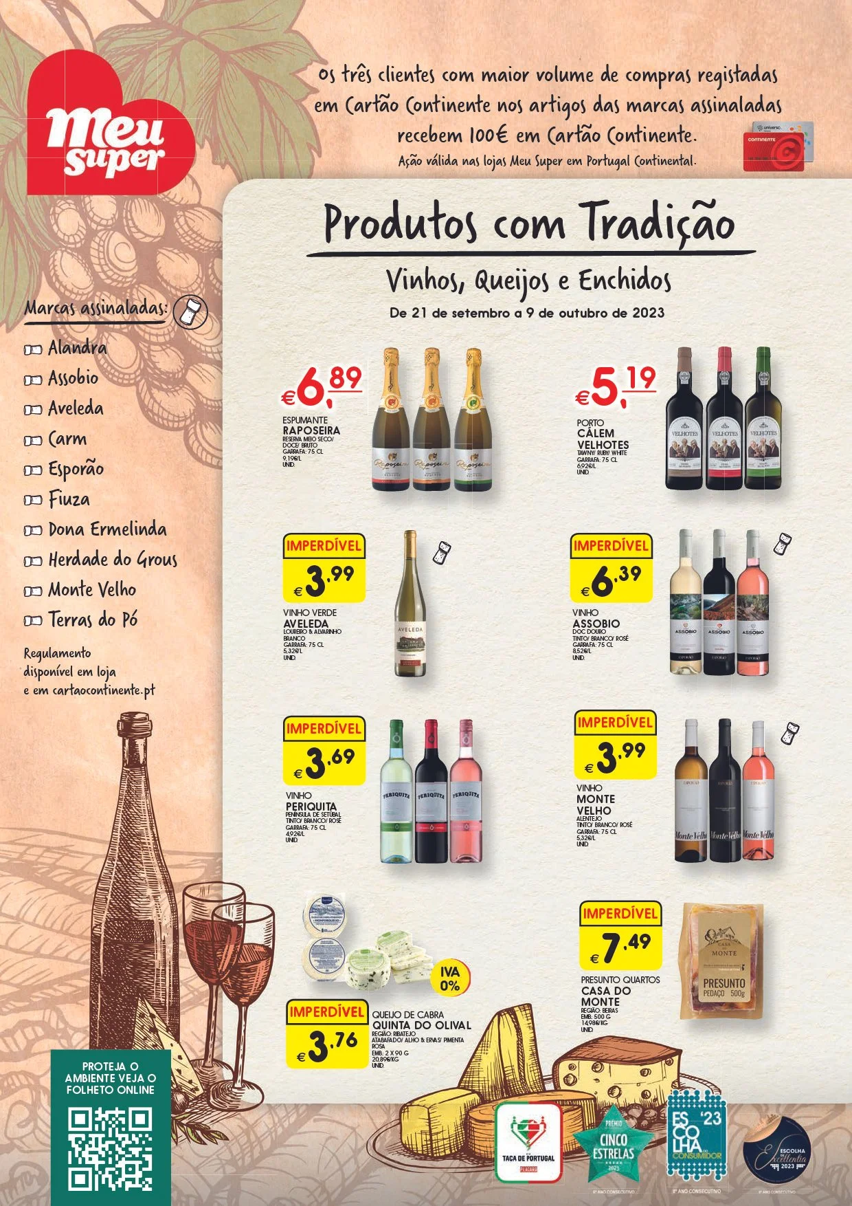 Promotional flyer for traditional wines, cheeses, and cured meats, featuring various wine brands and prices, with a list of brands on the left and a QR code at the bottom left.