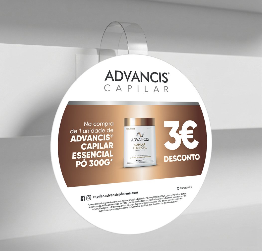 Promotional circular sign advertising Advancis Capilar Esencial powder, with a 3 euro discount on the purchase of one 300-gram unit, featuring an image of the product container and contact information at the bottom.