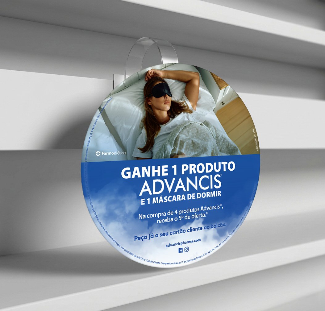 A promotional sticker on a product package featuring a woman sleeping with an eye mask in a bed, advertising a buy one get one free offer for Advancis sleep masks with the purchase of four products.