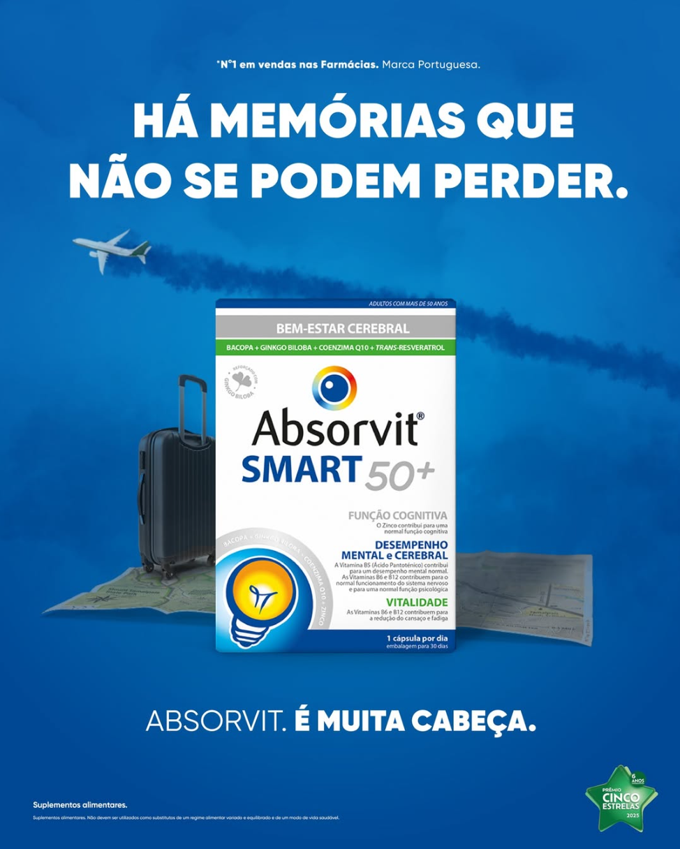 A blue background with white Portuguese text promoting Absorvit SMART 50+ health supplements for mental and cognitive performance in older adults. The image includes a black suitcase, a travel document, and a box of Absorvit, with an airplane flying 