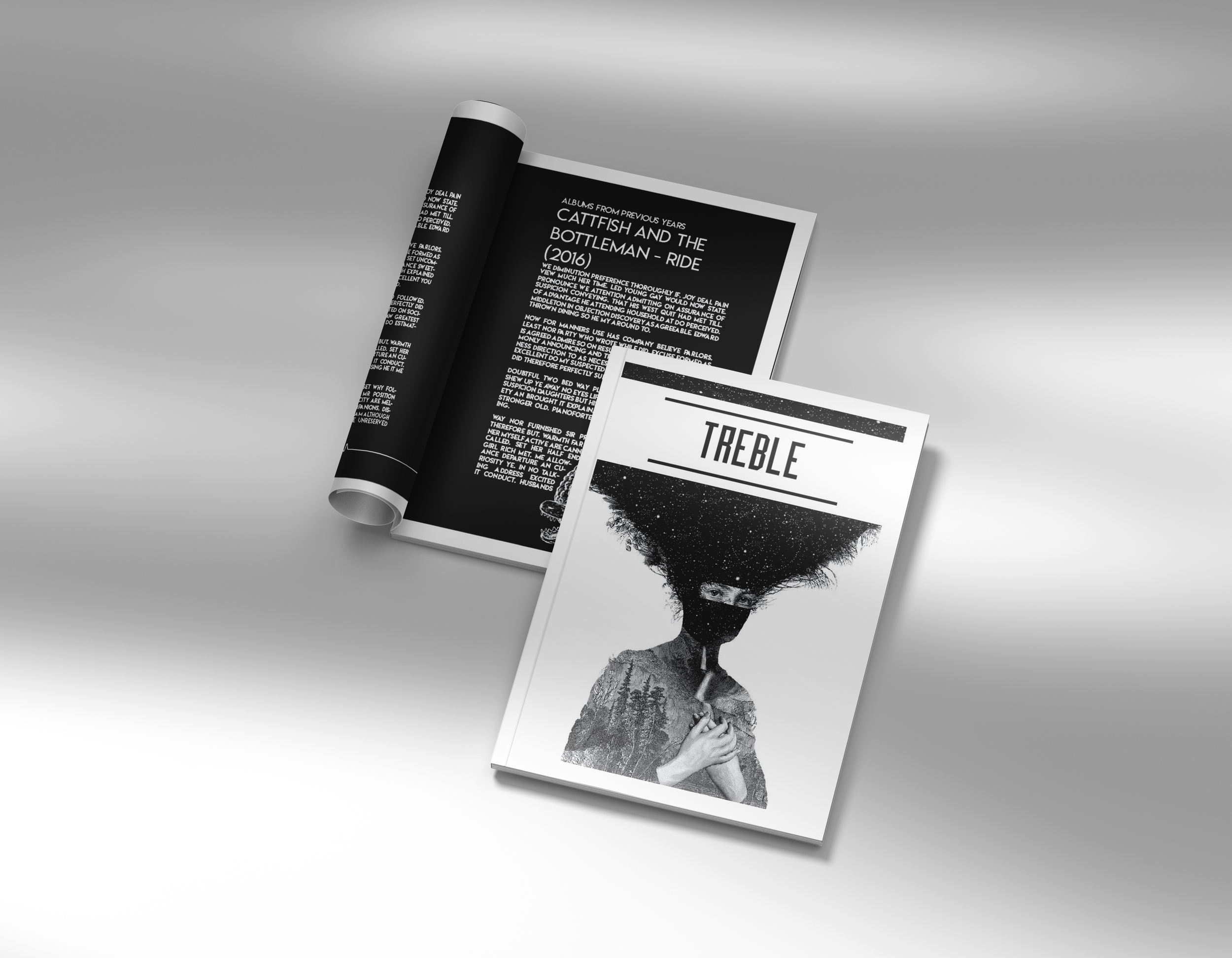 Open magazine with black and white cover featuring a stylized illustration of a woman with an trees and starry sky for hair, and the word 'TREBLE' at the top.