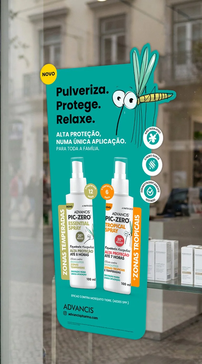 Advertisement for Advancis Pico Zero mosquito repellent spray, featuring two bottles: Essential Spray for temperate zones and Tropical Spray for tropical zones, with a cartoon dragonfly graphic and text emphasizing protection, safety, and family use.