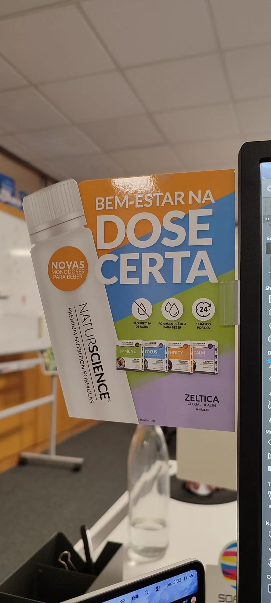 Poster promoting the importance of taking the right dose of supplements, featuring a bottle labeled 'Nature Science' and highlighting benefits like no water needed, practical formula, and a 24-hour supply, with brands immune, focus, energy, and calm