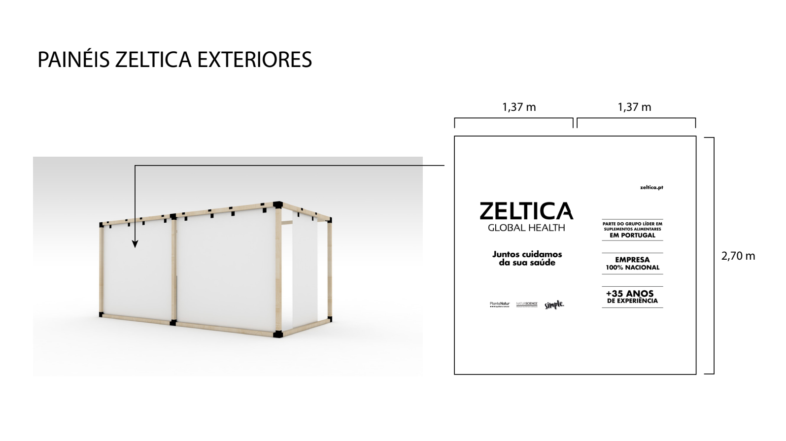 Design drawing of exterior panels with dimensions and branding for Zeltica, a health supplement company.