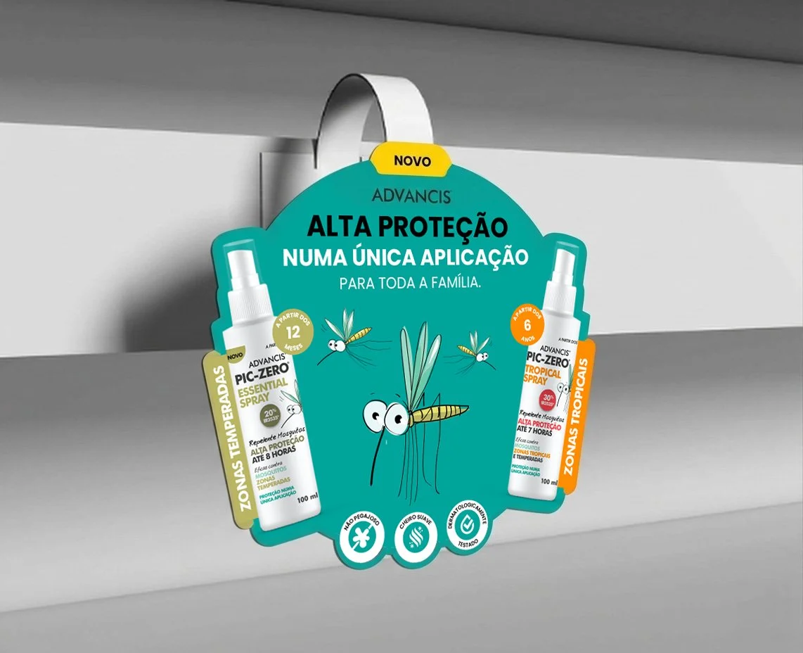 Advertisement for Advancis Pic-Zero mosquito repellent spray targeting tropical zones, emphasizing high protection, suitable for families, with visual cartoon mosquitoes and spray bottles.
