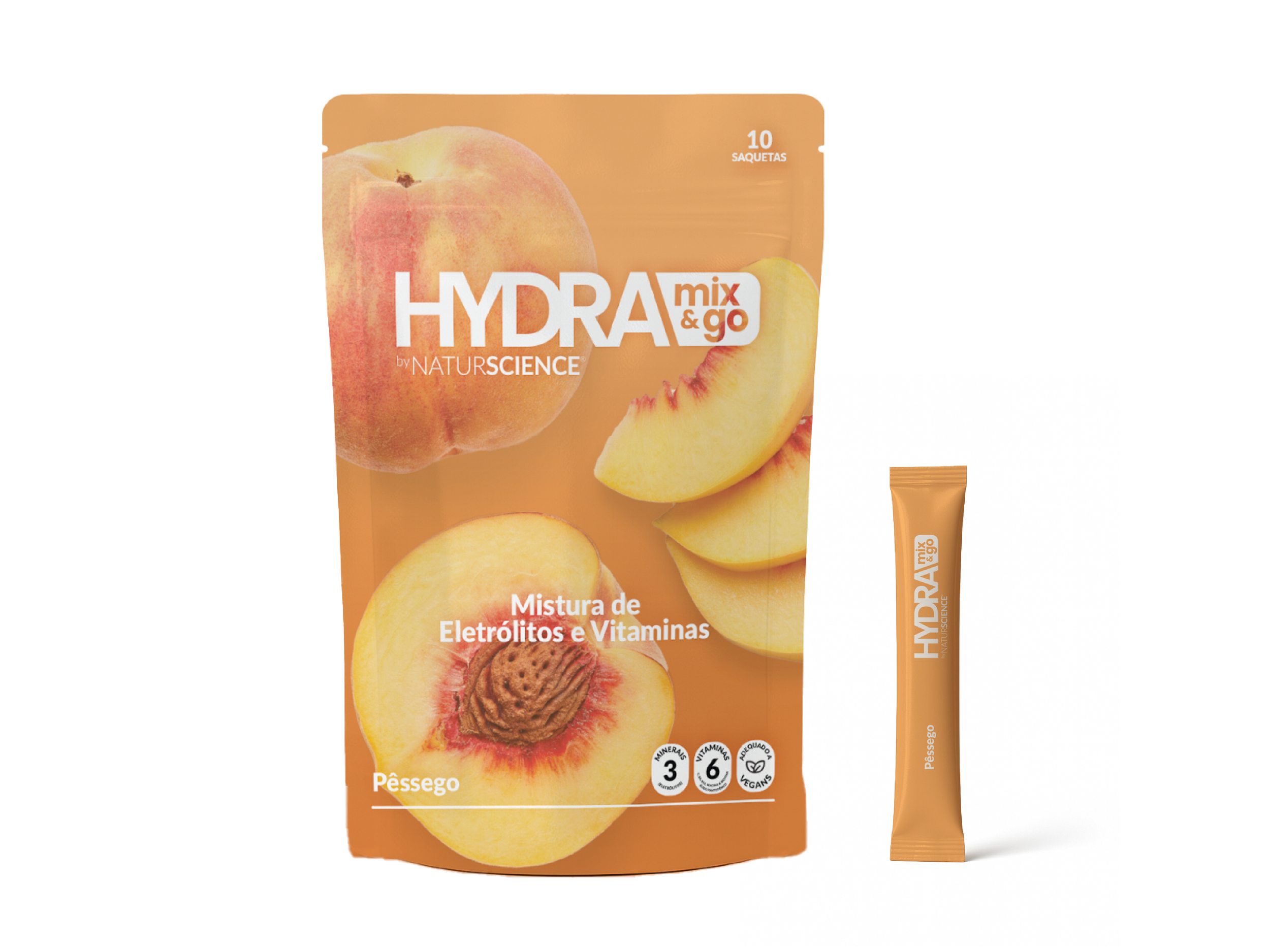 Peach flavored electrolyte and vitamin mix in a resealable pouch with slices and a whole peach on the packaging and a small peach-flavored sachet beside it.