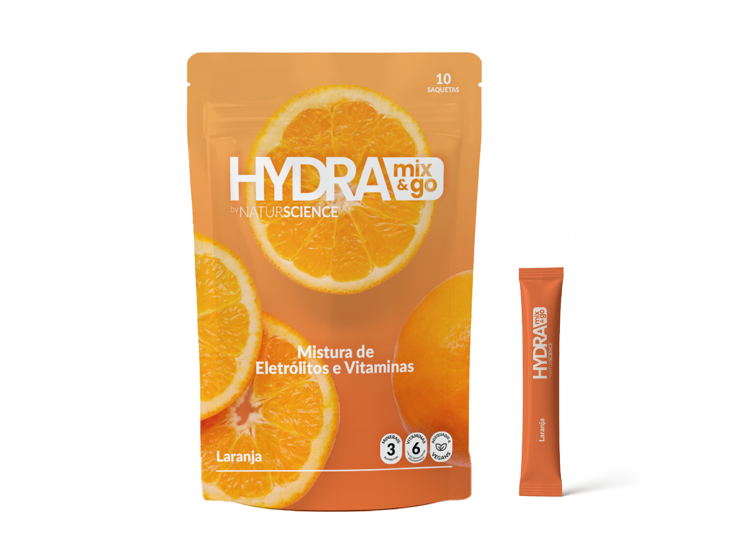 Orange flavored electrolyte drink mix in a large resealable pouch with a smaller stick packet beside it, both featuring images of oranges and text in Spanish.
