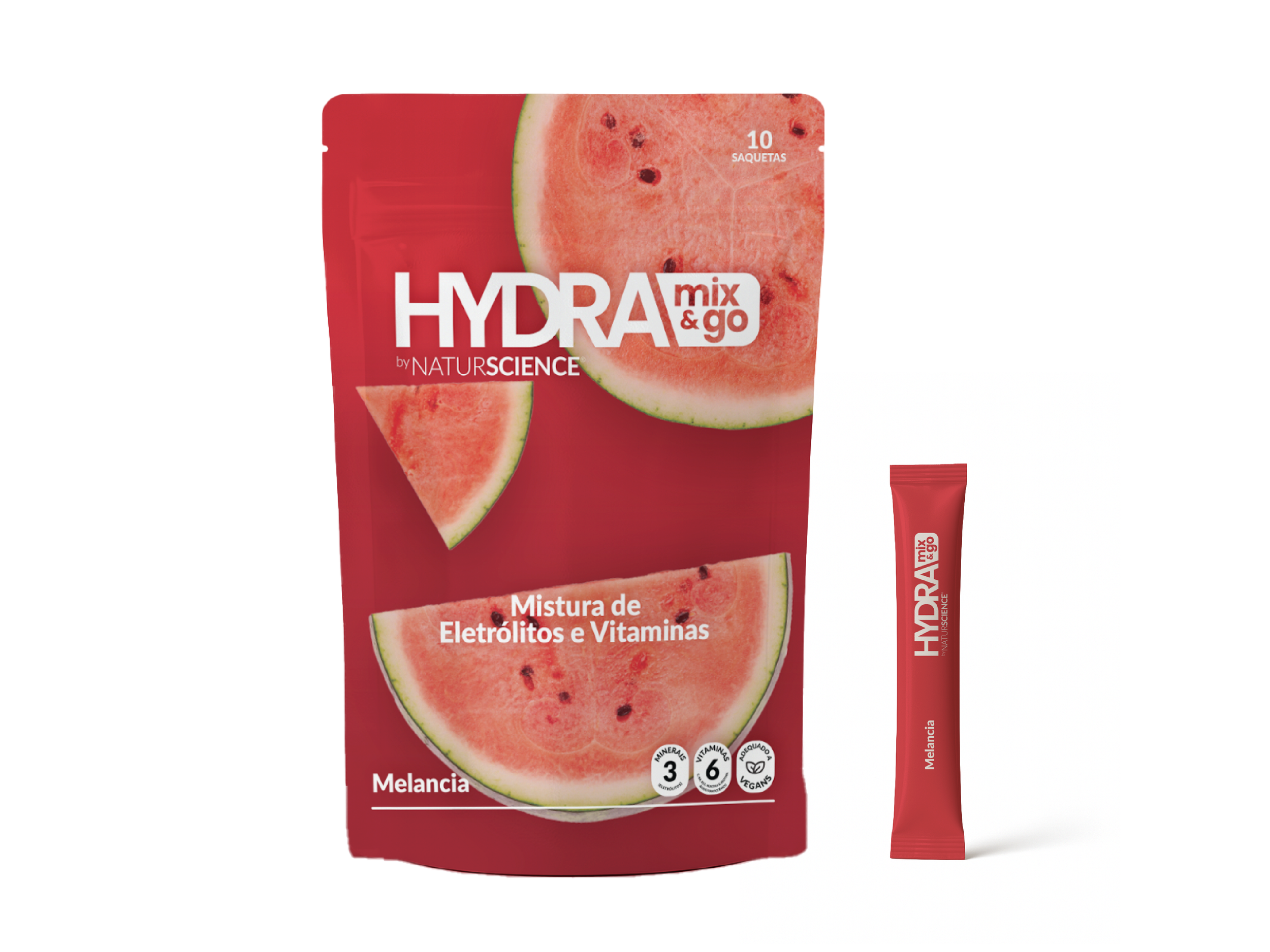 A watermelon flavored hydration mix packet with a matching stick pack beside it. The packet features images of watermelon slices and text indicating it contains electrolytes and vitamins, and is vegan. The flavor is indicated as melon.