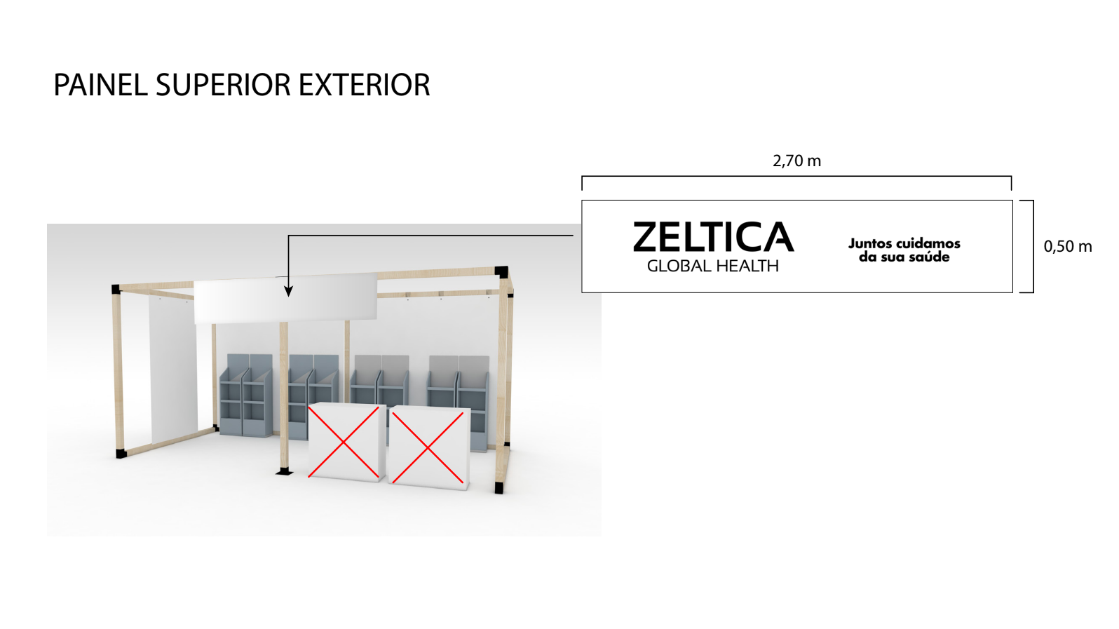Architectural diagram of an outdoor health booth with a wooden frame, white panels, and grey storage units inside, labeled 'Painel Superior Exterior' with measurements of 2.70 meters by 0.50 meters, featuring a white sign with black text reading 'ZEL