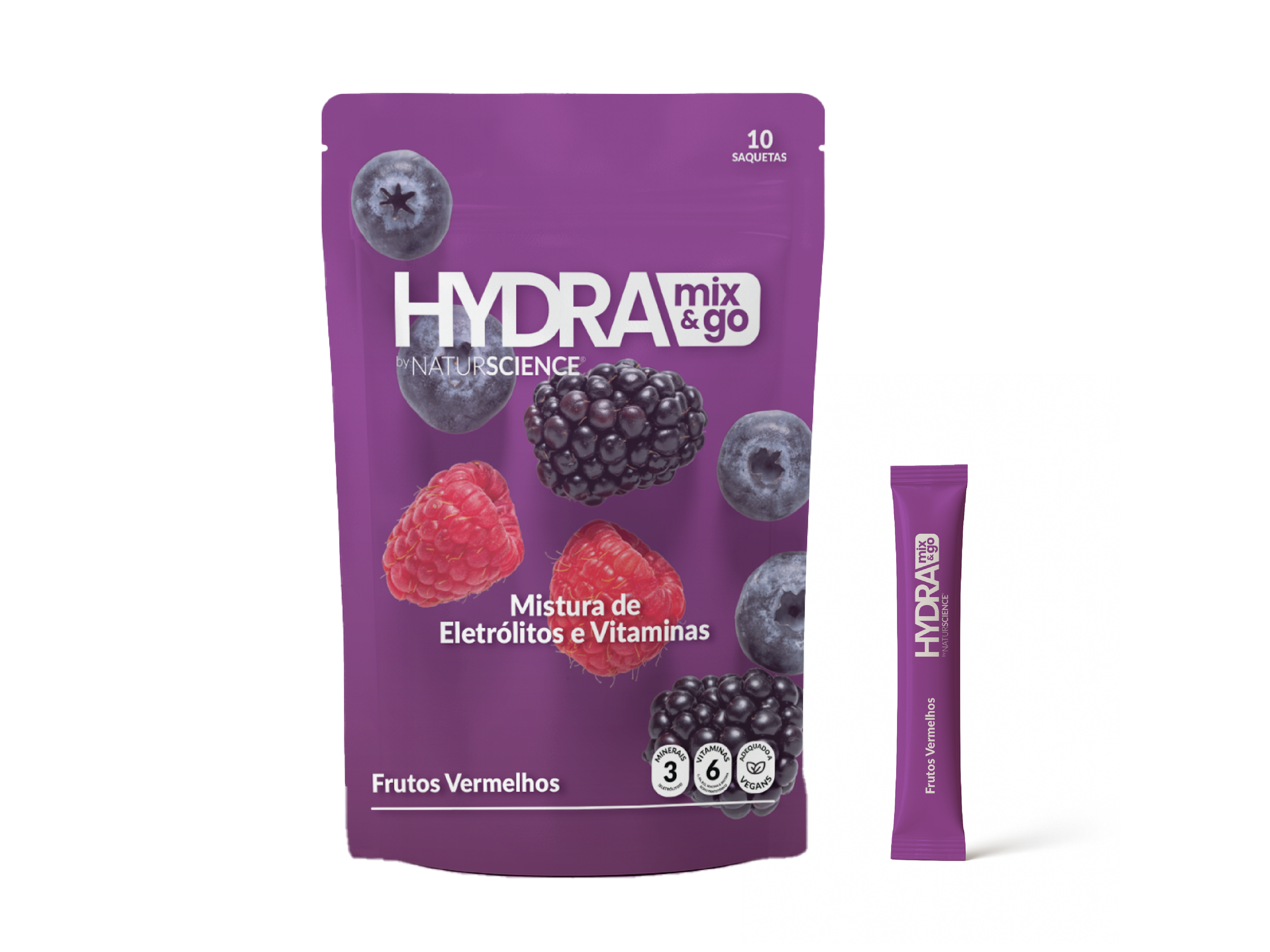 A purple pouch of Hydramix & go mixed berry electrolyte and vitamin powder along with a single purple flavored packet placed beside it.