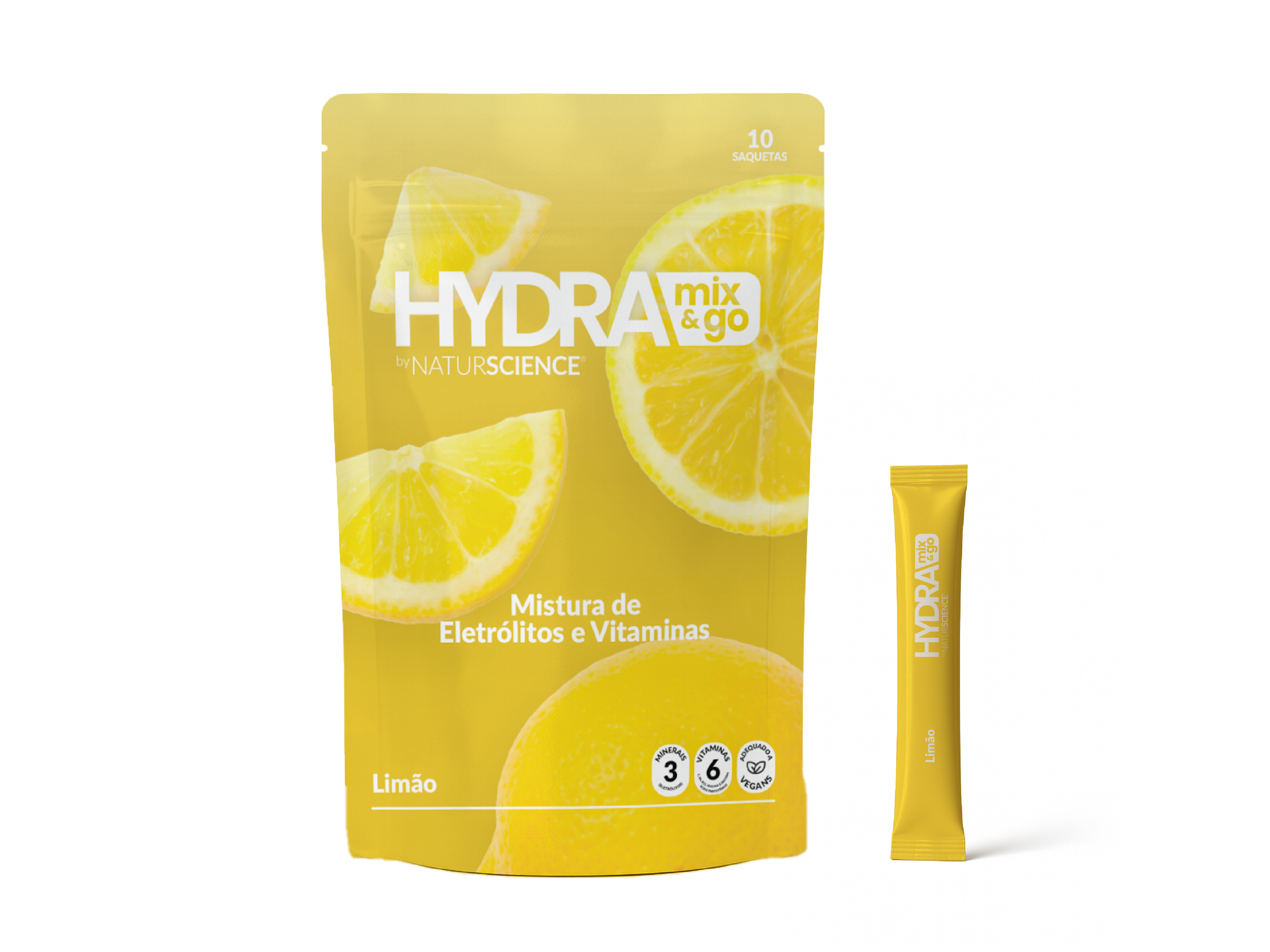 Yellow pouch and tube of Hydra mix & go lemon flavored electrolyte and vitamin mix, with images of lemon slices on packaging.