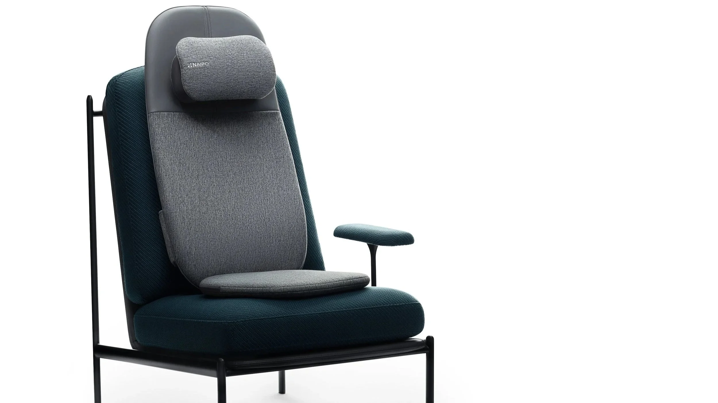 An ergonomic office chair with a headrest and a removable back cushion, upholstered in dark green and gray fabric, set against a plain white background.