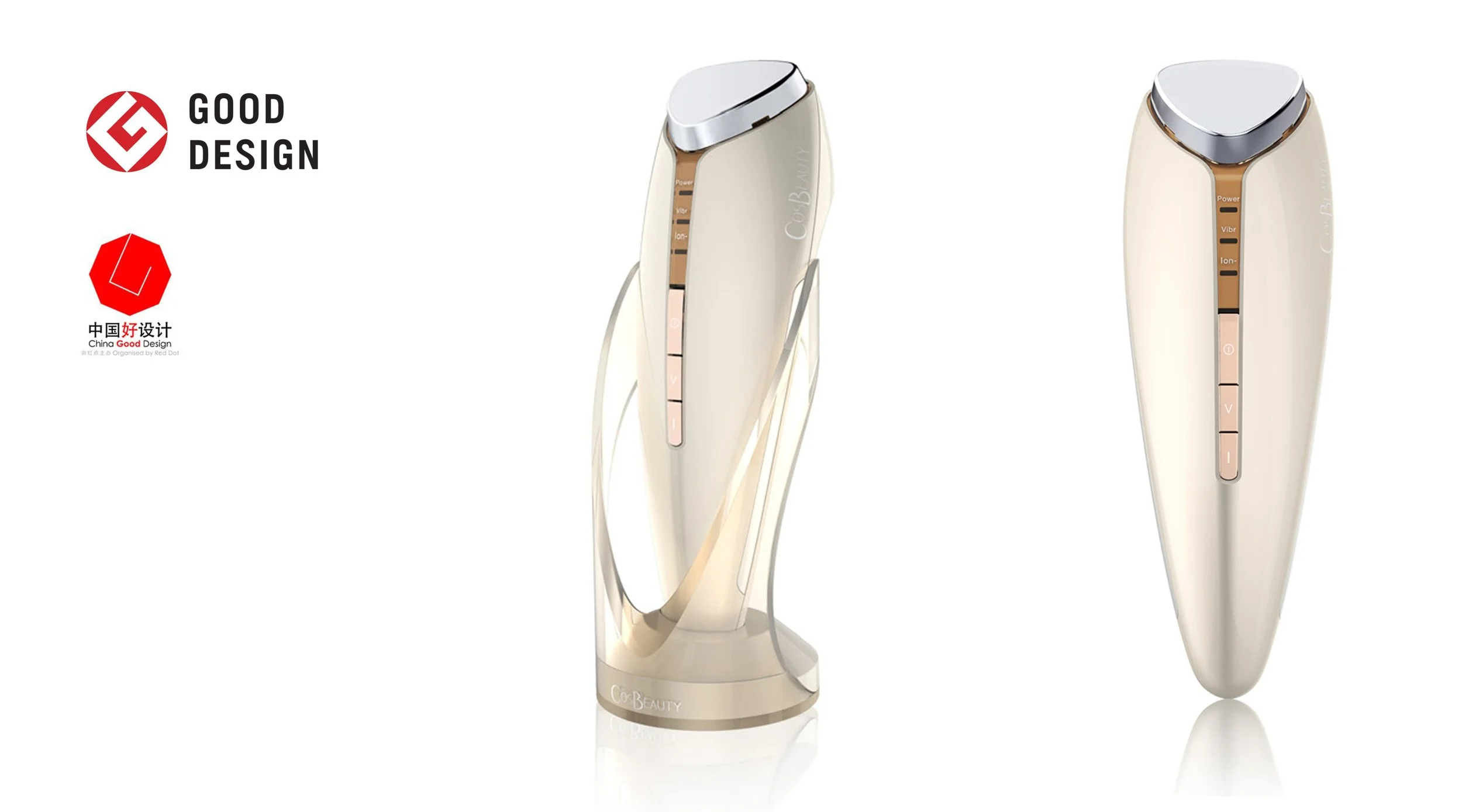 Two modern, sleek beauty devices with a cream and silver design, featuring control panels with buttons labeled Power, Vibration, Ion, and others. The devices are shown from two angles, and there is a red logo and the words "Good Design" and "China Go