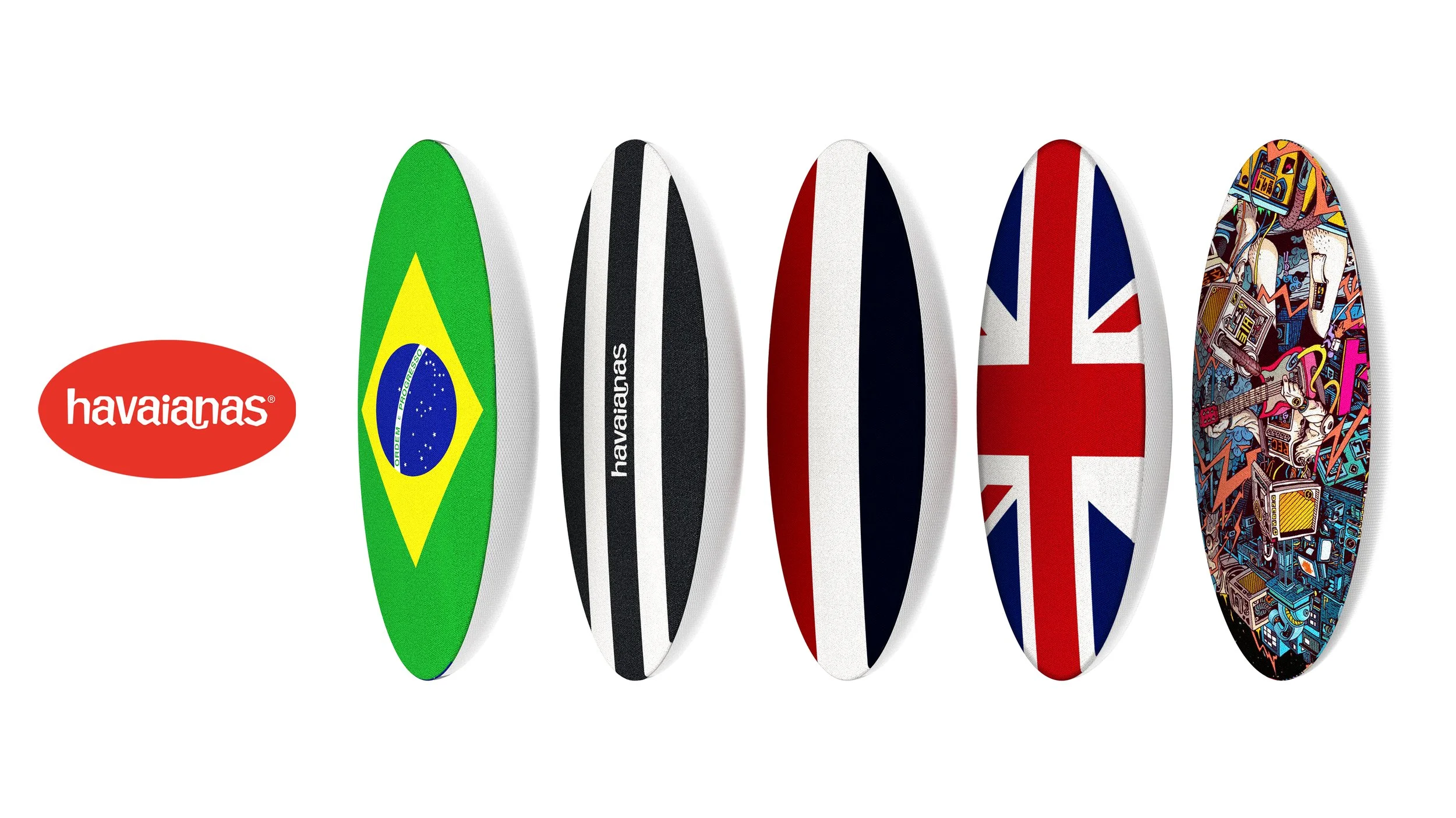 Five surfboards painted with flags of Brazil, Brazil, United Kingdom, and a colorful graffiti design, with a red oval logo on the left that reads 'havaianas'.