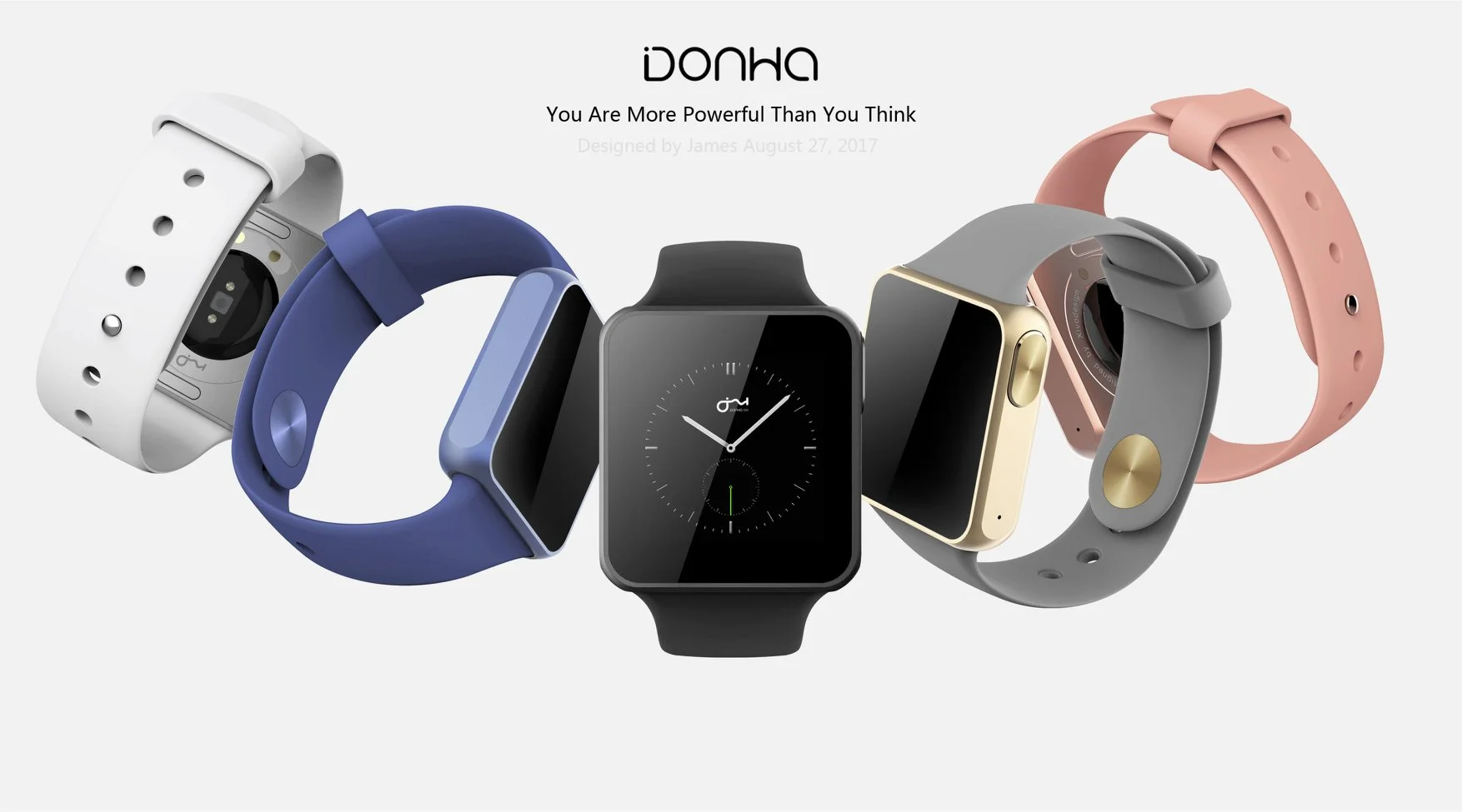 A collection of five smartwatches with different strap colors and designs, with a central black smartwatch displaying an analog clock face and the logo 'DONNA' above, along with the phrase 'You Are More Powerful Than You Think'.