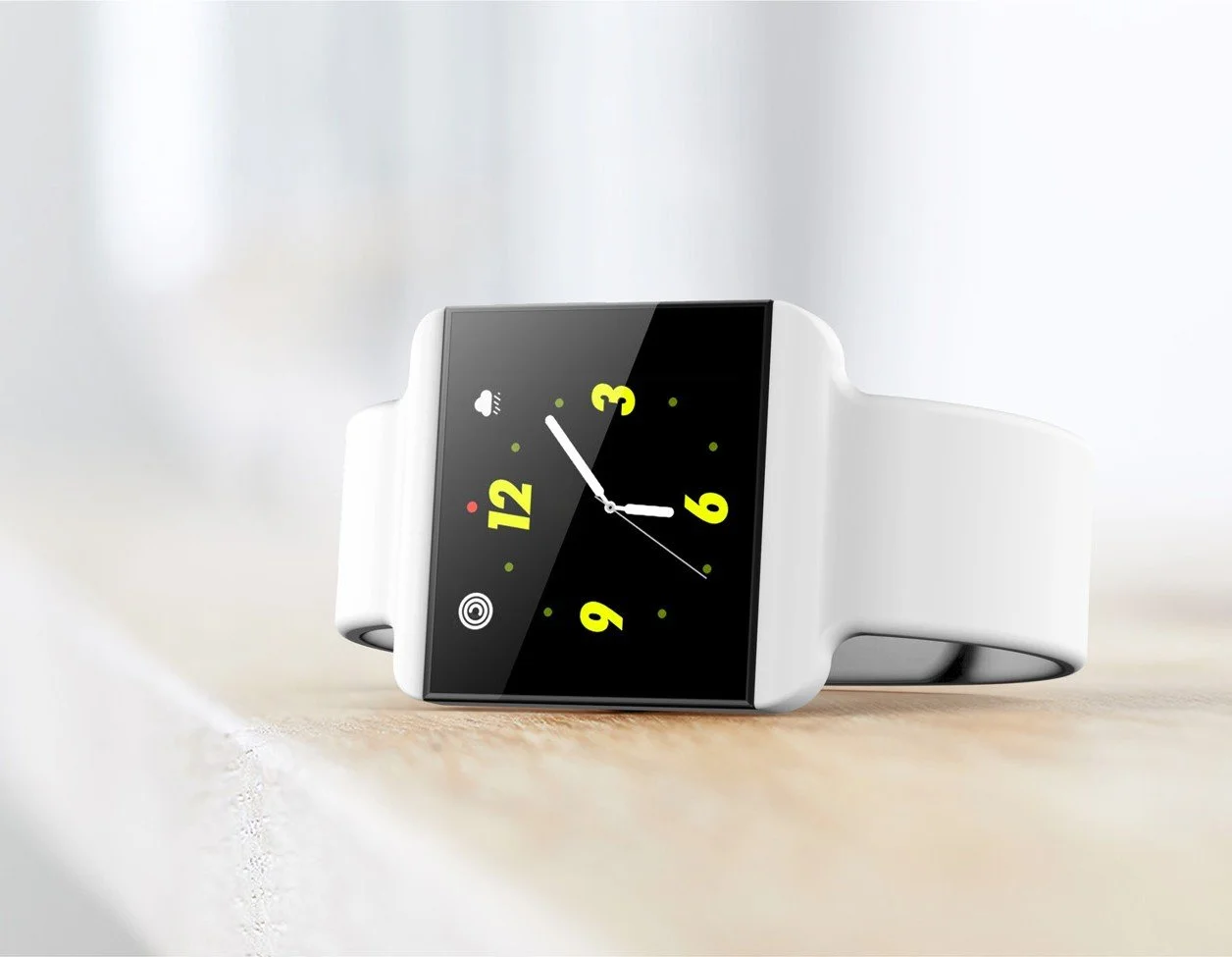 A smartwatch with a black face and a white band displaying an analog clock, weather forecast, and activity tracker icons, resting on a wooden surface.