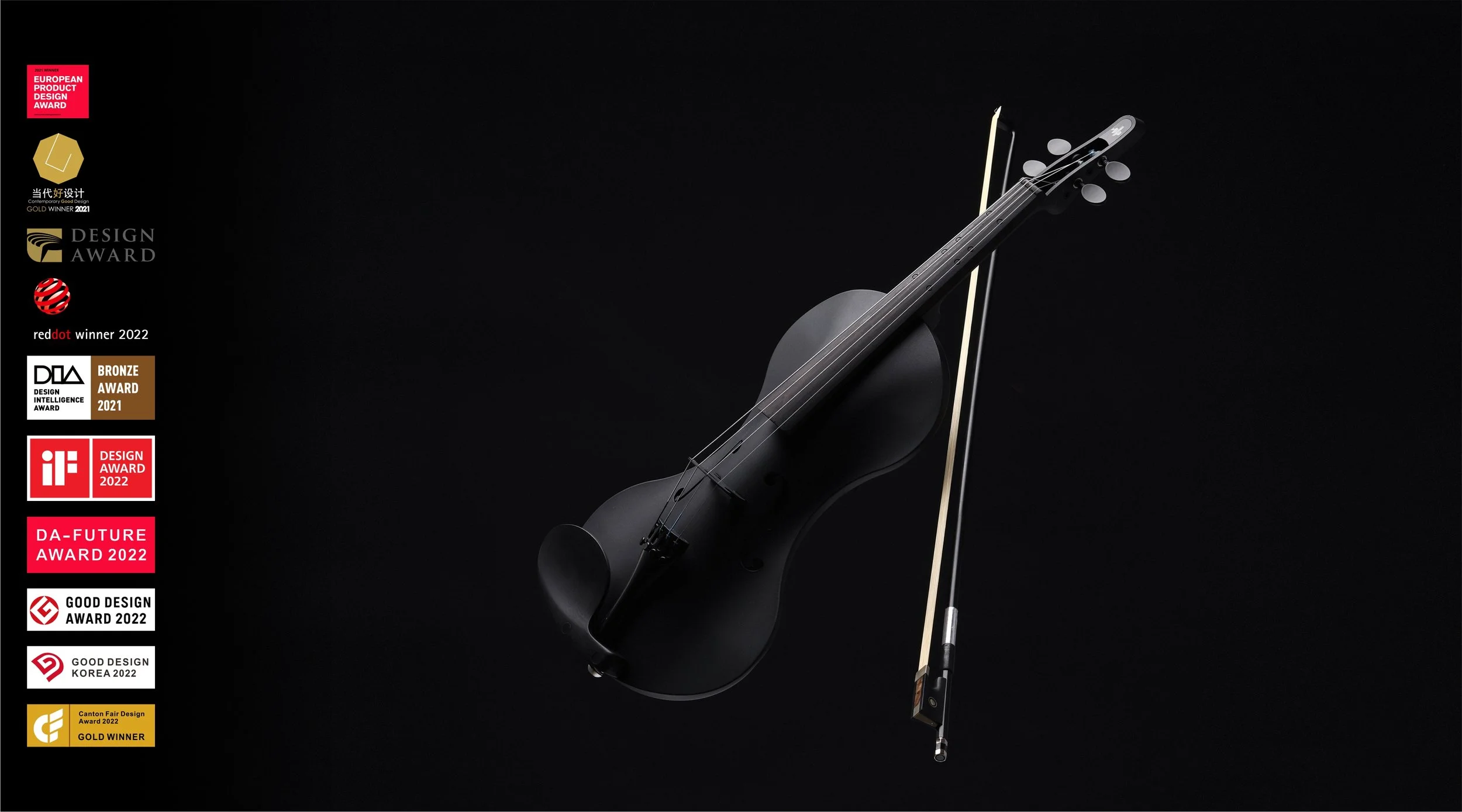 Black violin with a bow on a black background, showcasing multiple design awards and recognitions on the left side, including European Product Design Award, Red Dot Award, iF Design Award, and others.