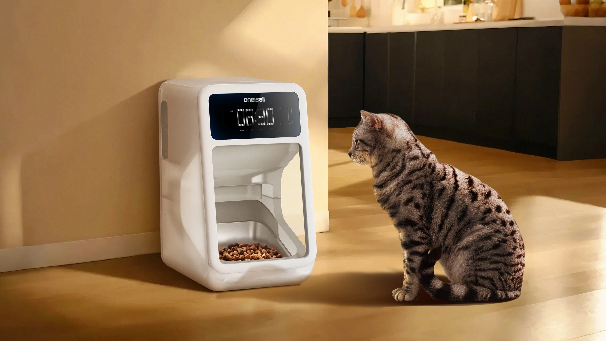 A cat sitting on a wooden floor in front of a digital smart pet feeder with food inside. The cat has a silver coat with black stripes.