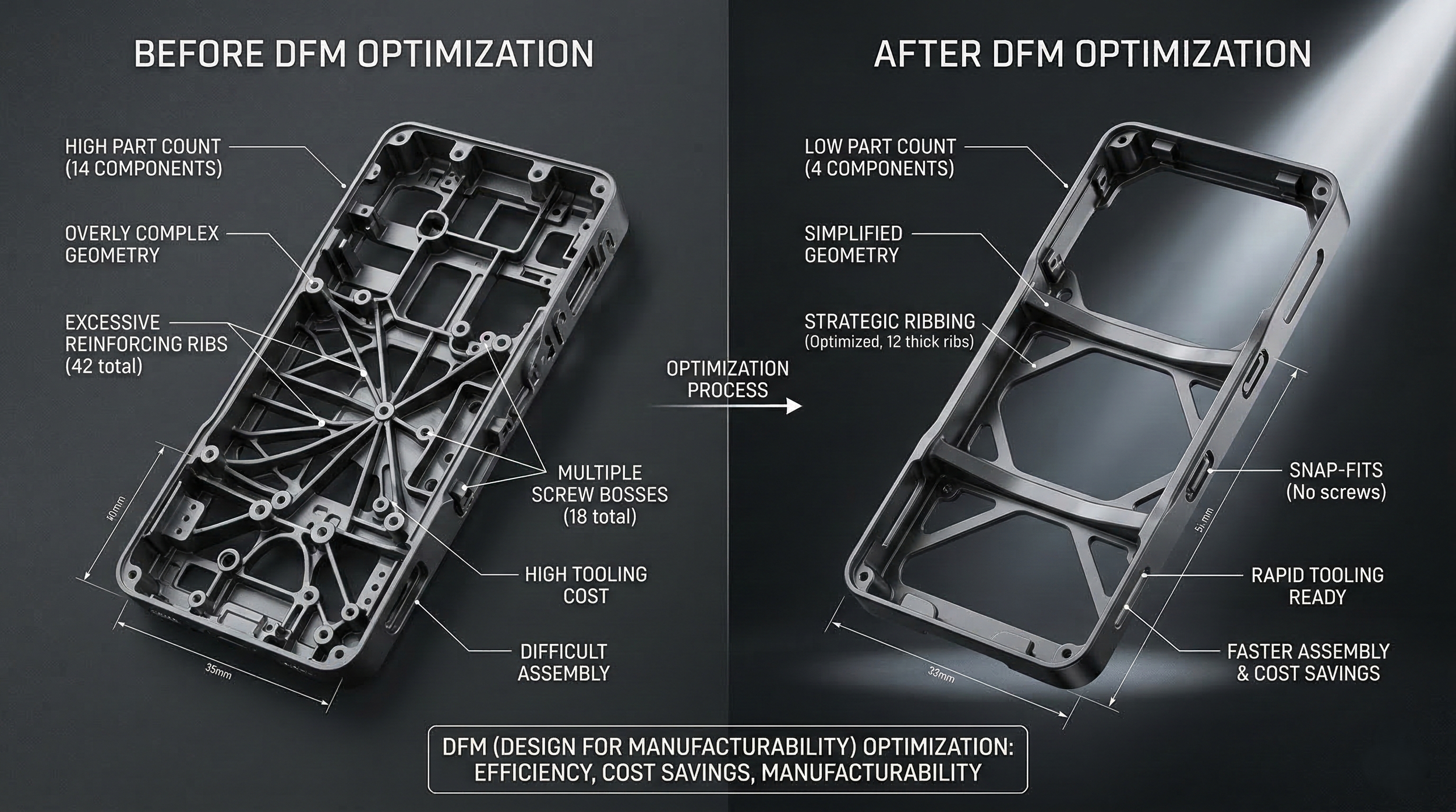 DFM (Design for Manufacturing) optimization case study: Reducing BOM complexity, tooling costs, and assembly time. James Design transforms complex internal structures into efficient, mass-production-ready hardware.