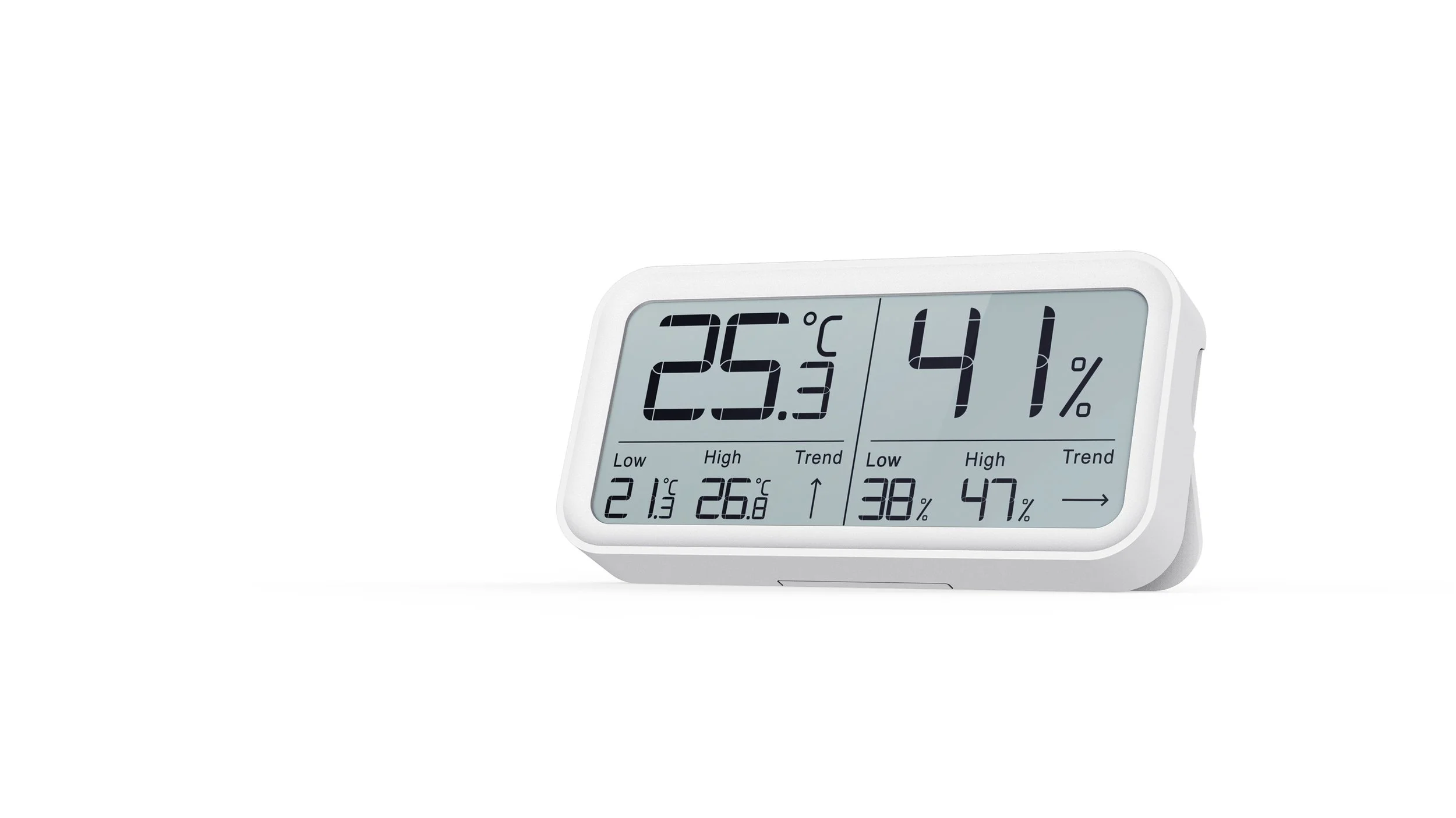 Digital weather station displaying temperature of 25.3°C, humidity at 41%, with additional low, high, and trend data.