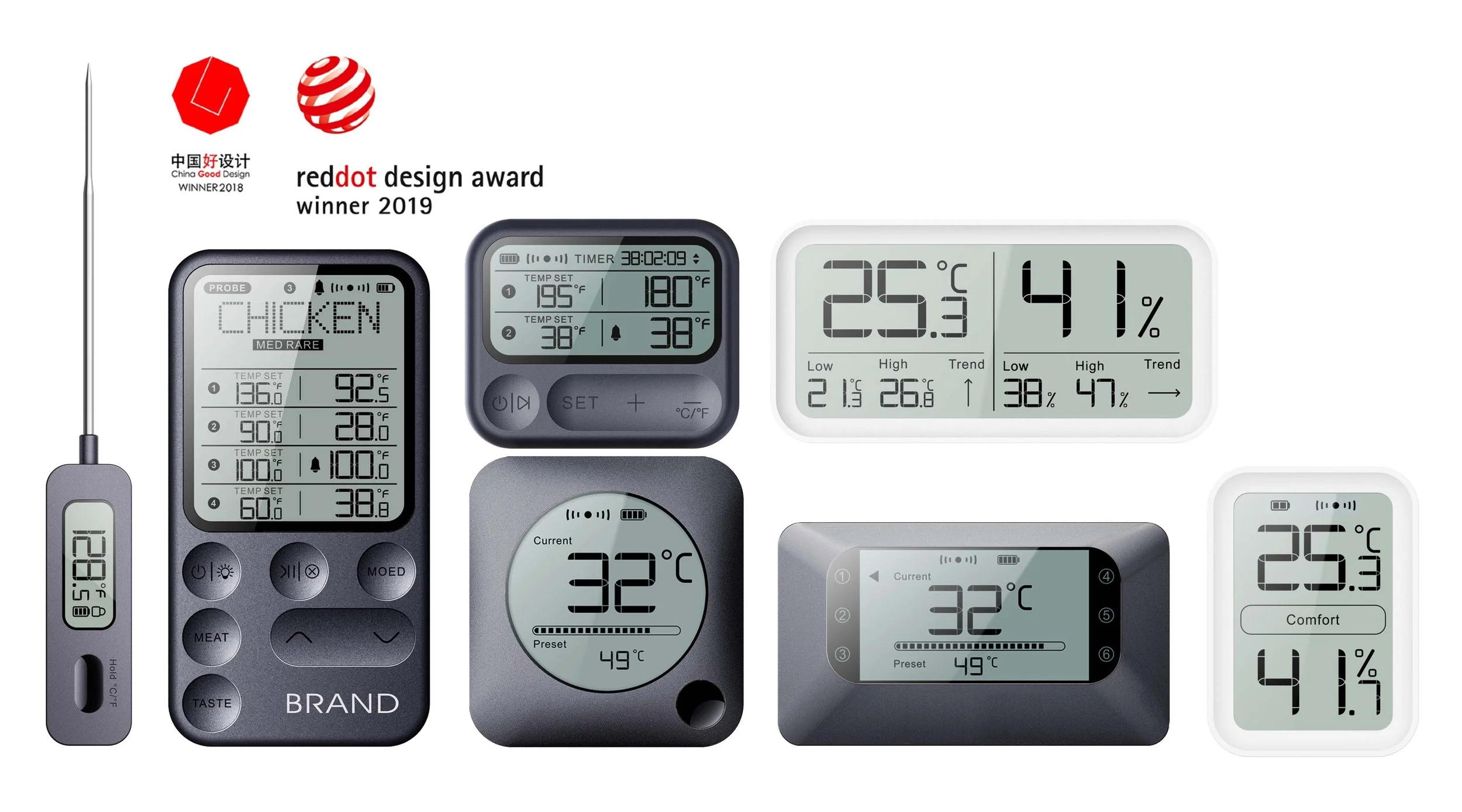A collection of BFOUR smart wireless meat thermometers and hygrometers designed by James Jiang, featuring Red Dot Design Award 2019 and China Good Design winners. Showcasing expertise in industrial design and manufacturing optimization for kitchenwar