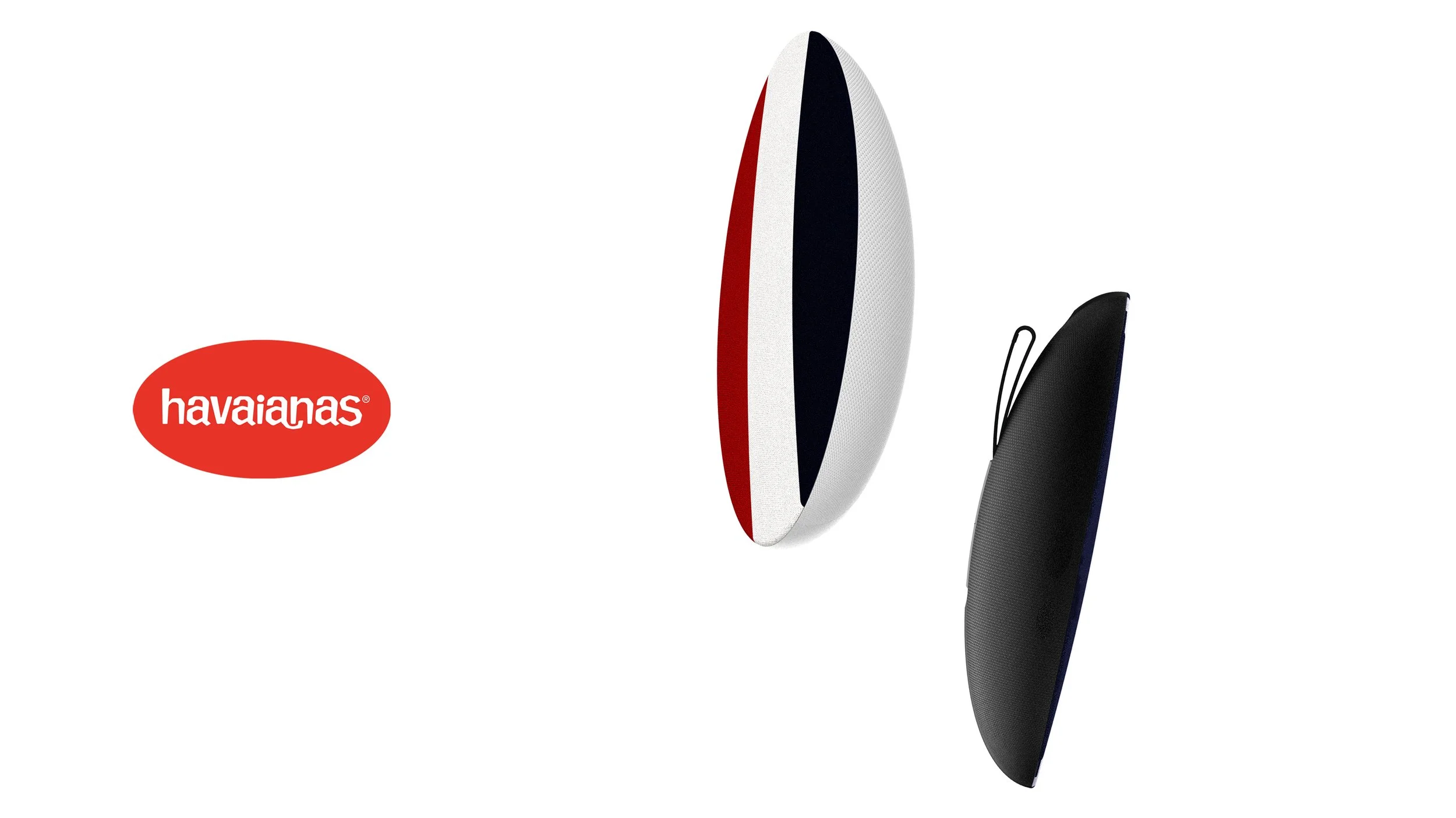 A Havaianas surfboard with a black surfboard cover standing upright, a red and white Havaianas logo on the left, and a black surfboard bag on the right, all set against a white background.