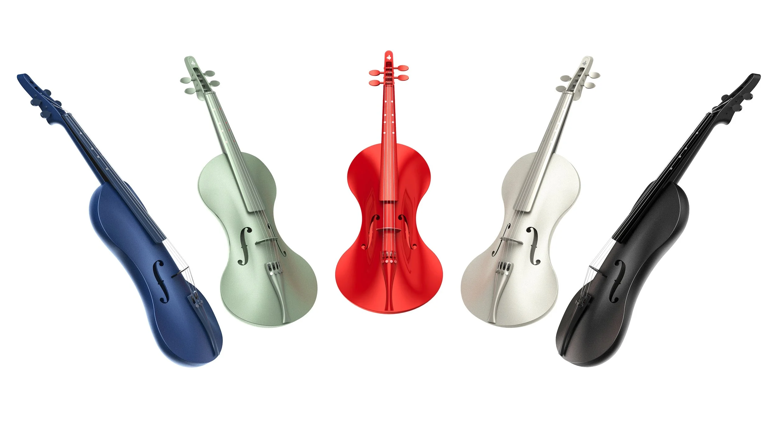 Five colorful violins, arranged in a row, with colors blue, green, red, white, and black, on a white background.