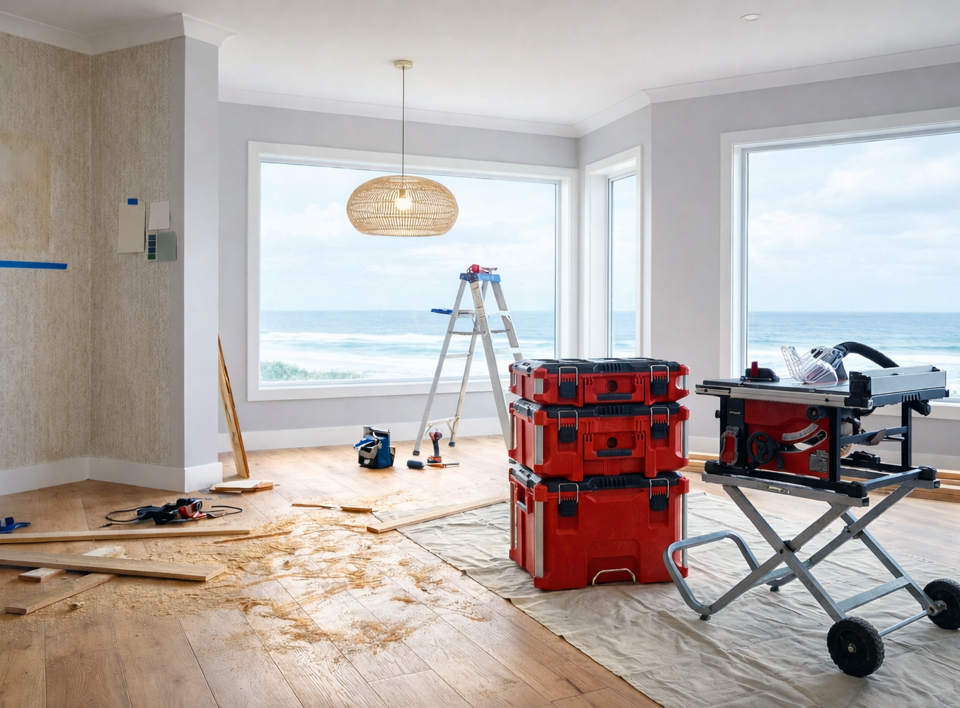 Interior room refresh with flooring installation, tools and ladder during small home renovation