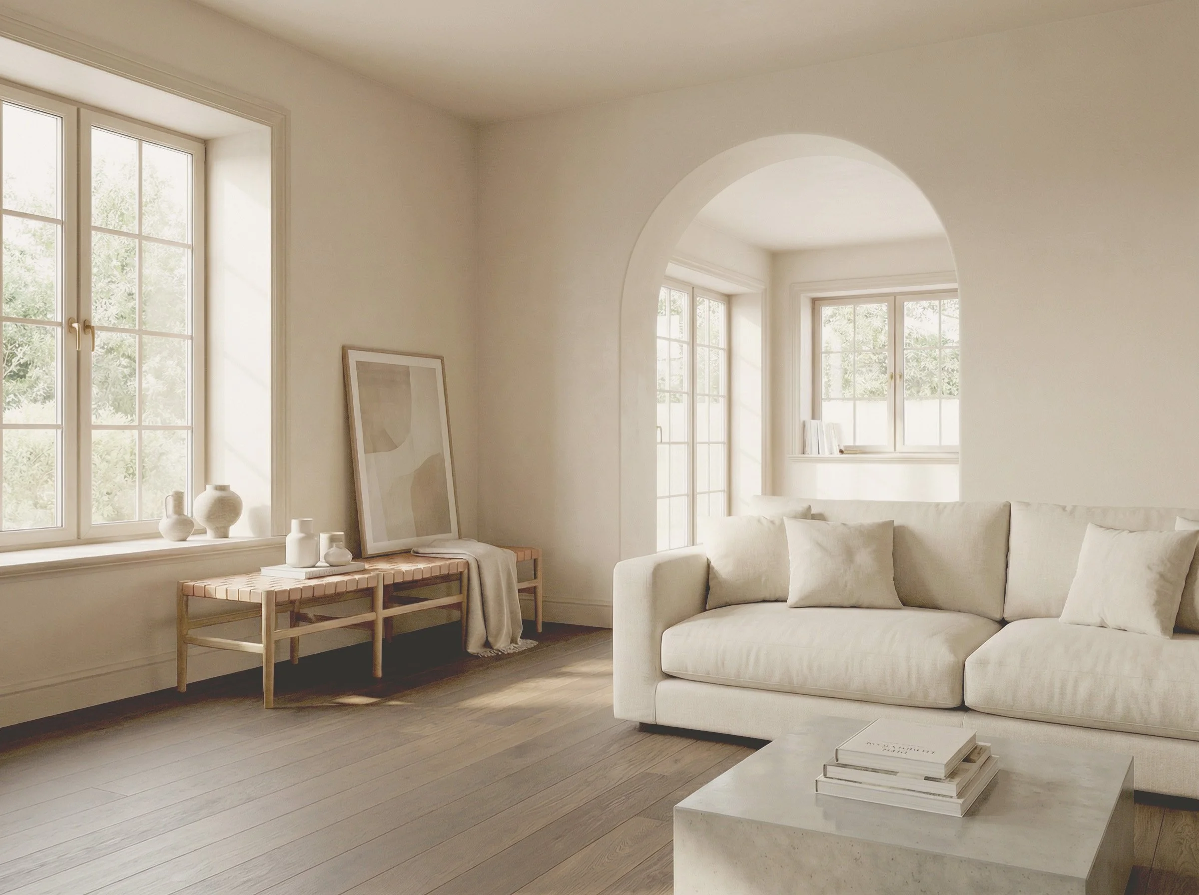 Contemporary living room interior with NEA Maintenance logo, showcasing premium home maintenance and handyman services in Sydney