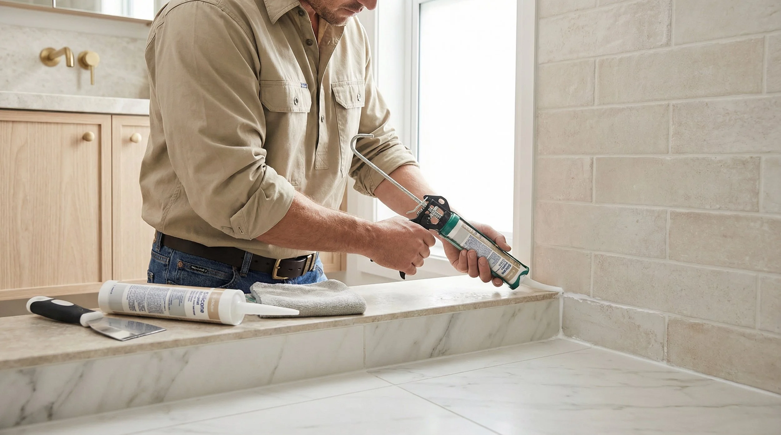 Handyman applying silicone sealant along tiles during kitchen and bathroom sealing maintenance