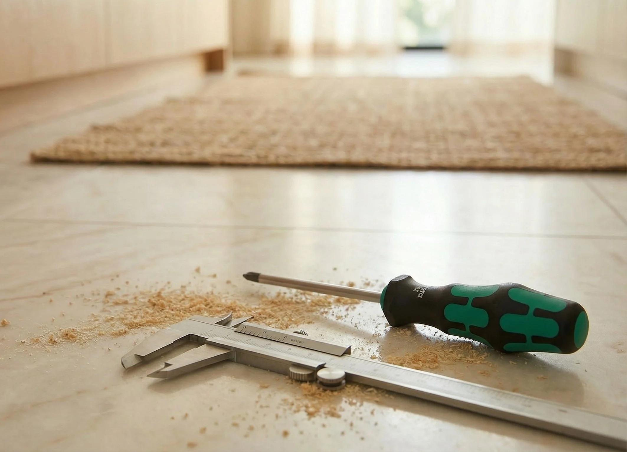 Caliper and screwdriver on workbench during home repair and maintenance