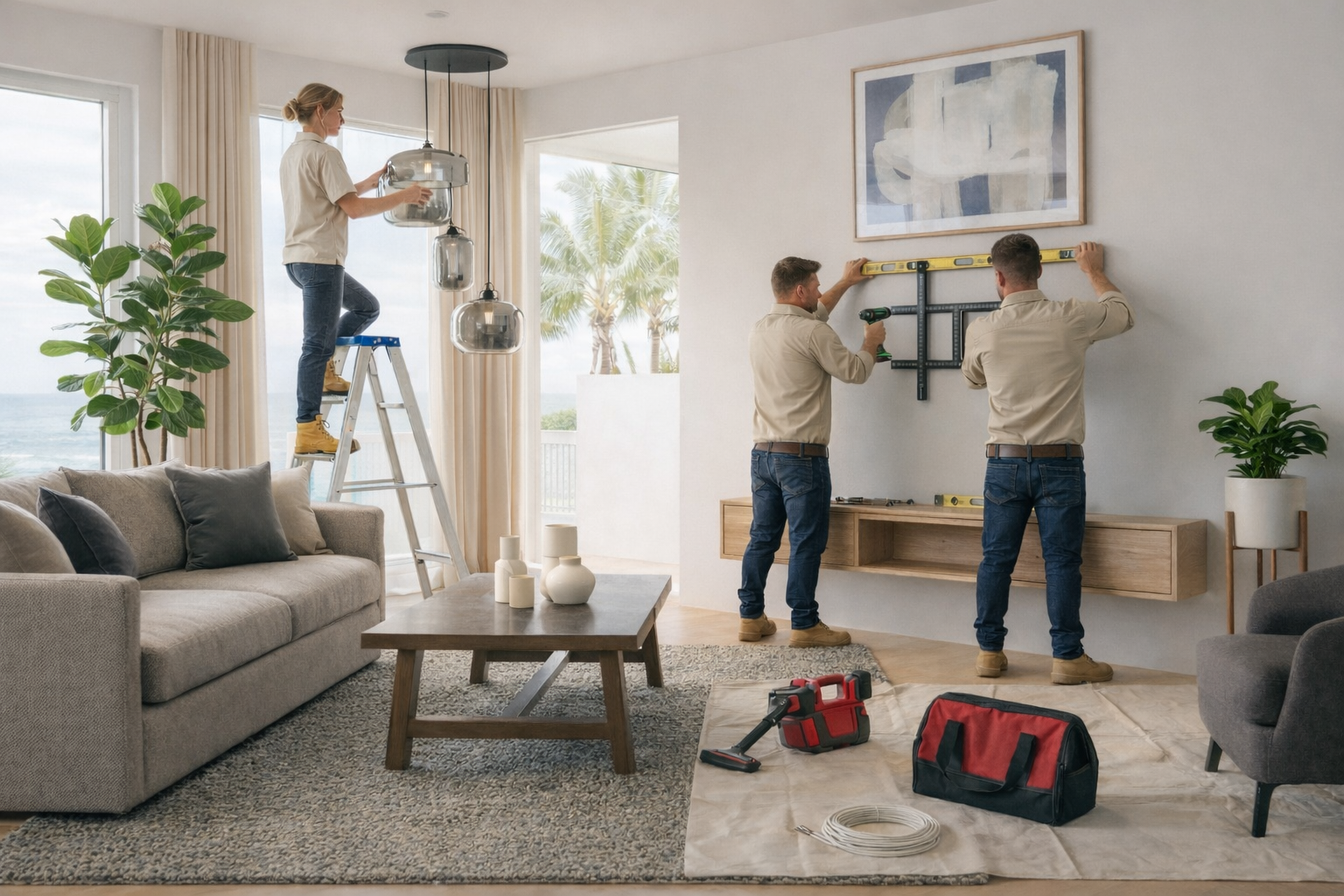 Handyman installing TV bracket, Light fitting and Picture frame in a modern house