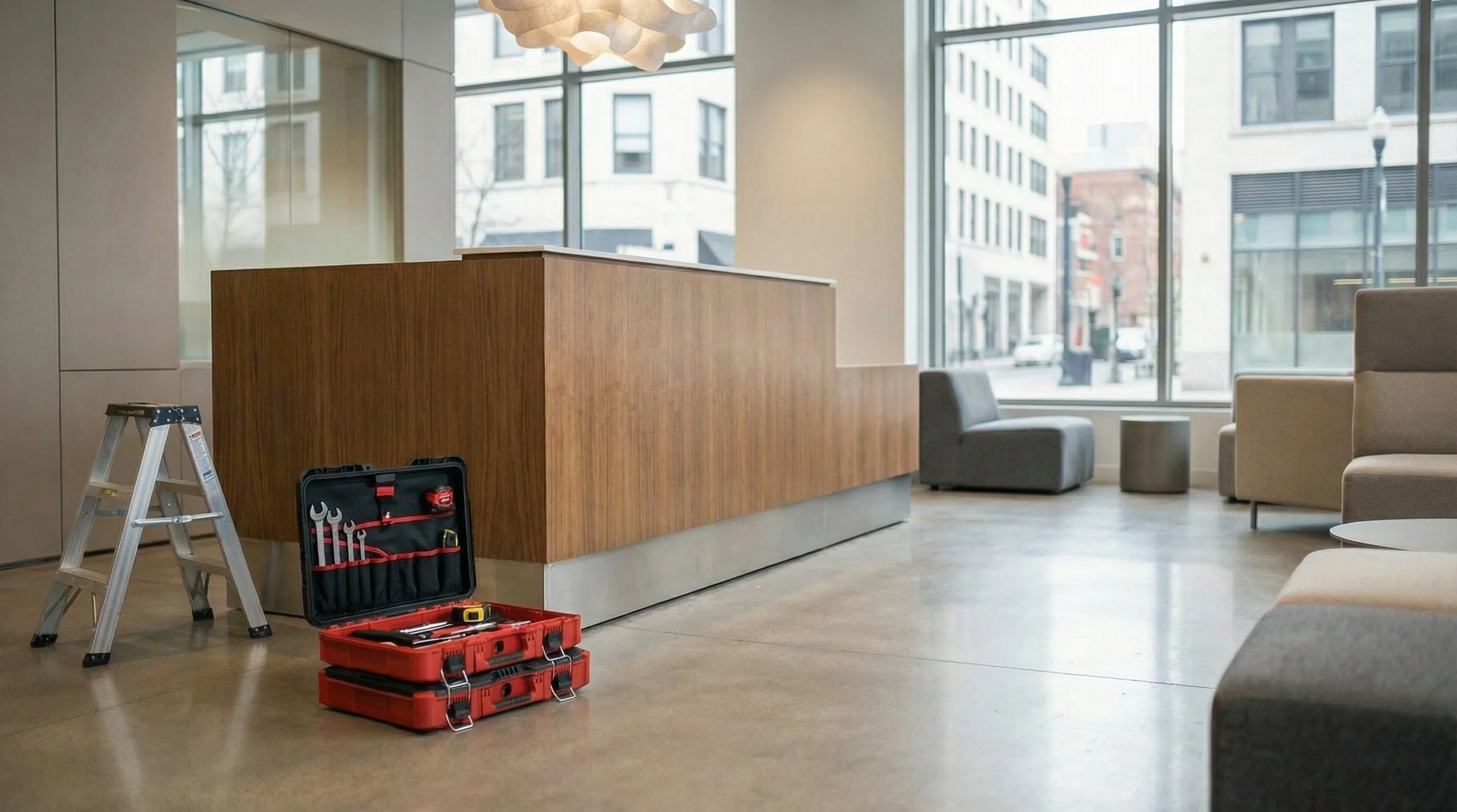 Maintenance toolbox and ladder in modern commercial space during repair and installation service