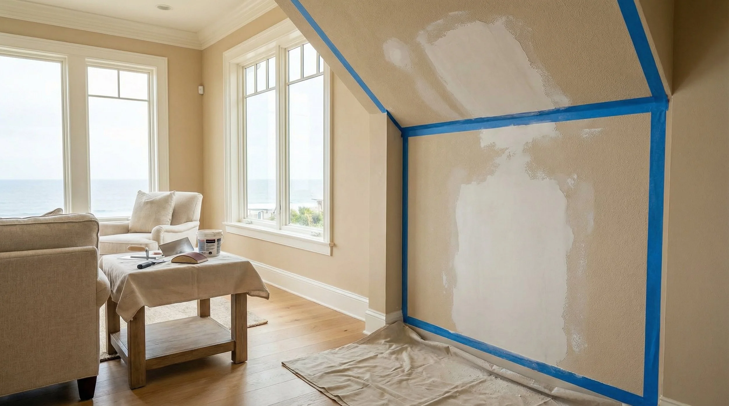 Ceiling painting and interior wall finishing in residential home