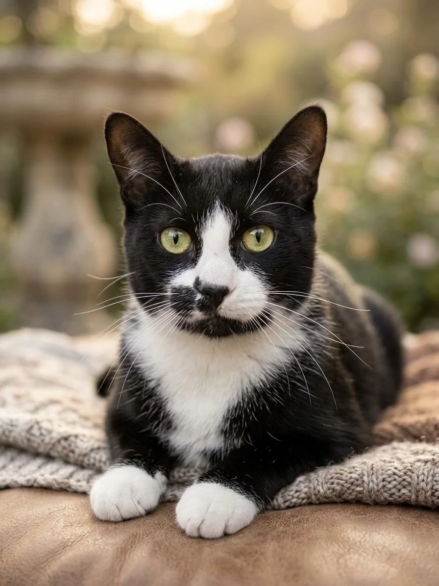 A black and white tuxedo cat with yellow-green eyes lying on a blanket outdoors, with a blurred natural background.
