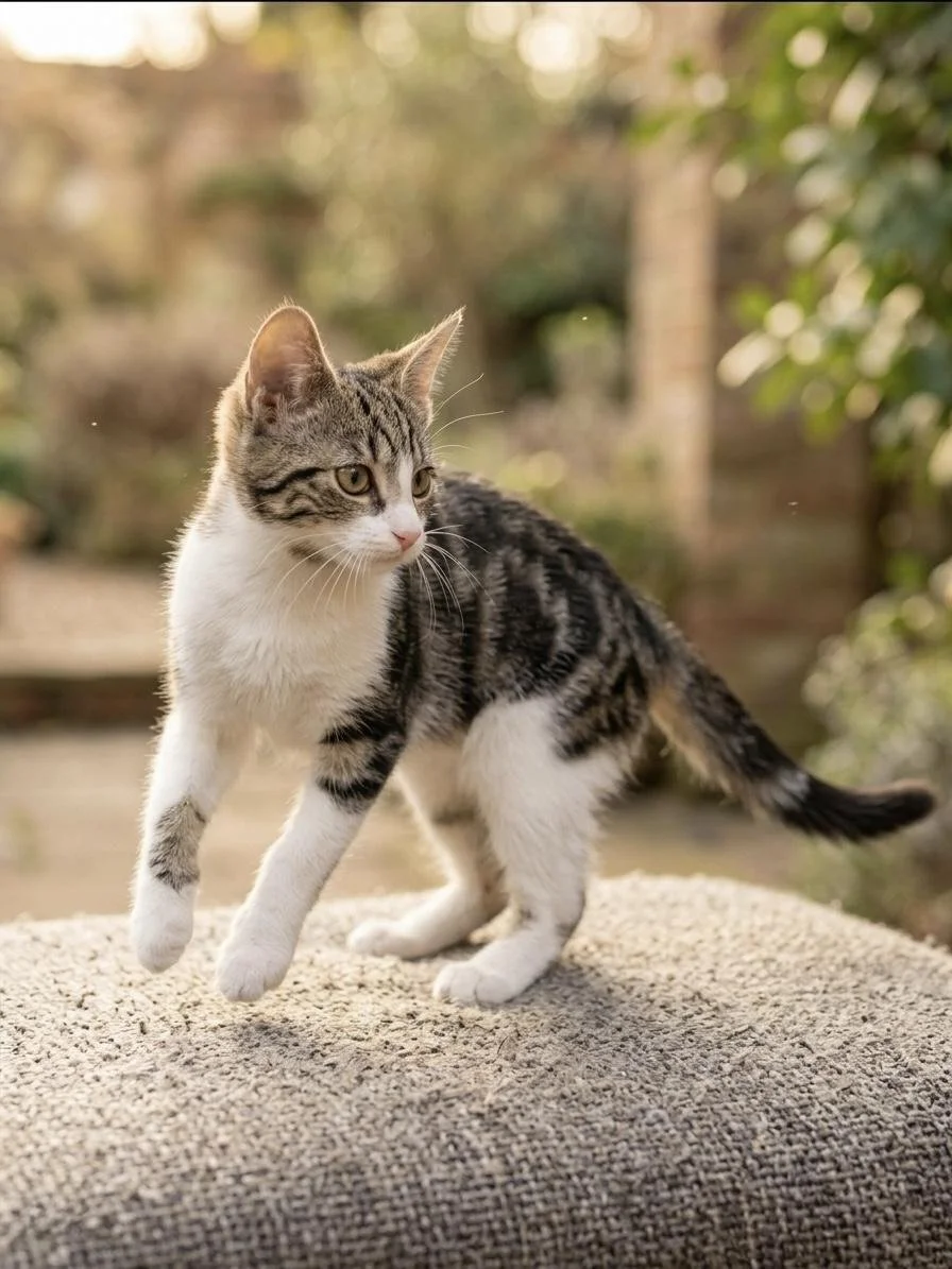A gray and white tabby kitten standing on a beige textured surface outdoors, with a blurred background of trees and foliage.