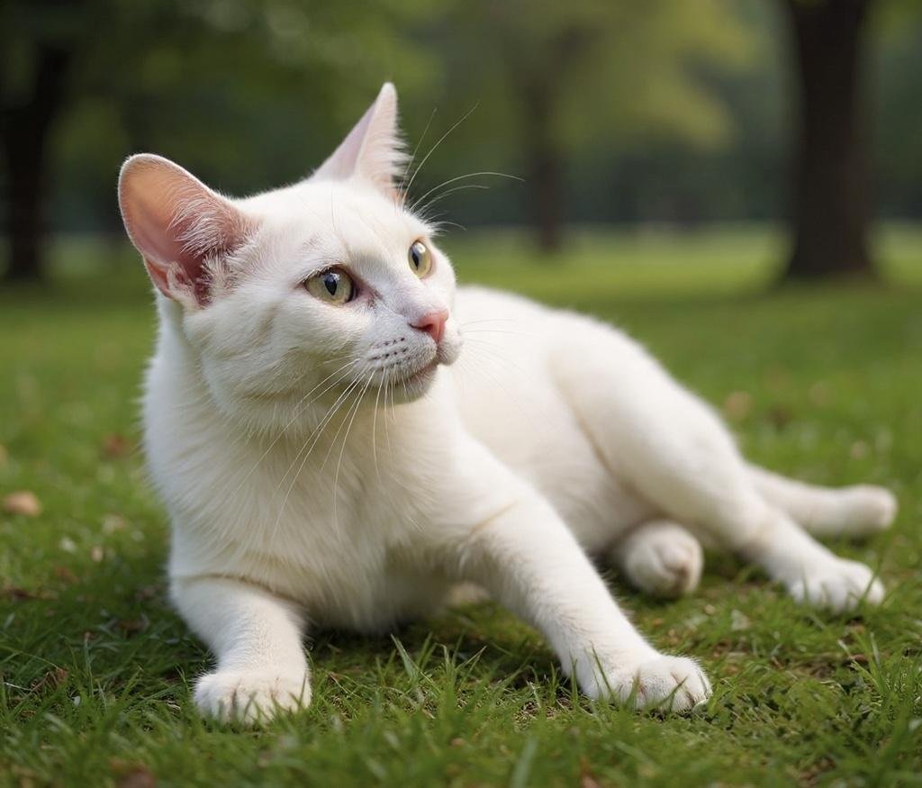 White cat lying on grass in a park, looking to the left.