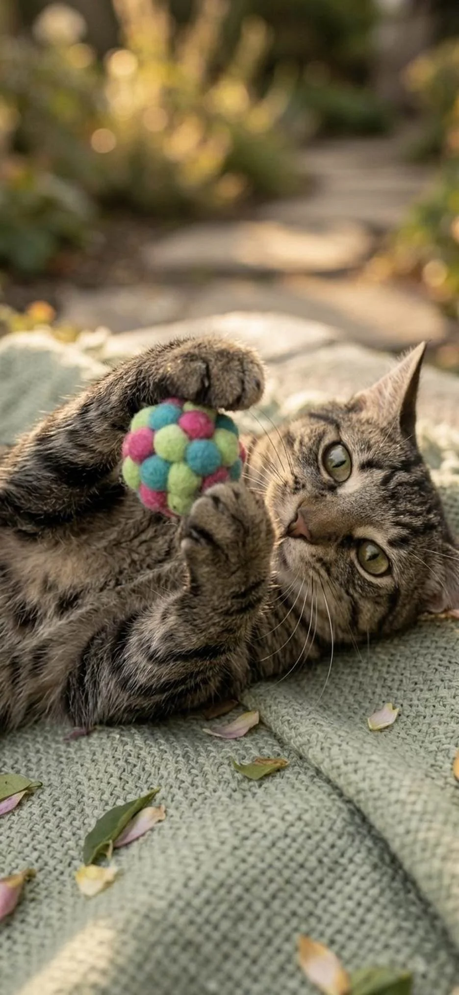 A tabby cat lying on a textured green surface, holding a colorful fuzzy ball toy. The background is outdoors with blurred foliage and sunlight.