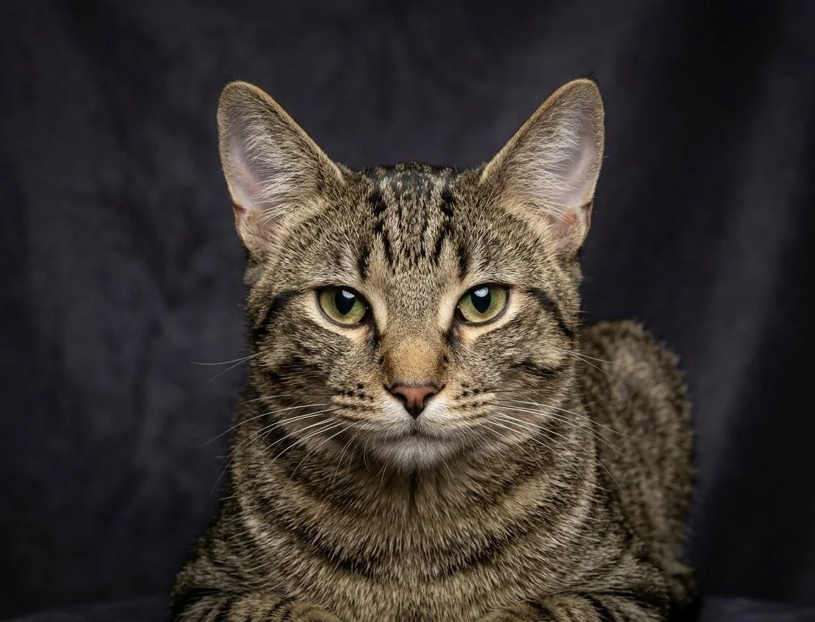 Close-up of a tabby cat with green eyes, sitting against a dark background.