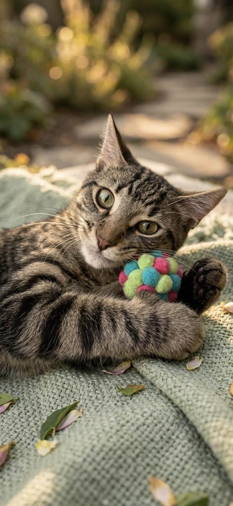 A gray and black striped tabby cat lying on a textured gray surface, holding a colorful felted ball, with small flower petals scattered around. The background is blurred with natural outdoor lighting.