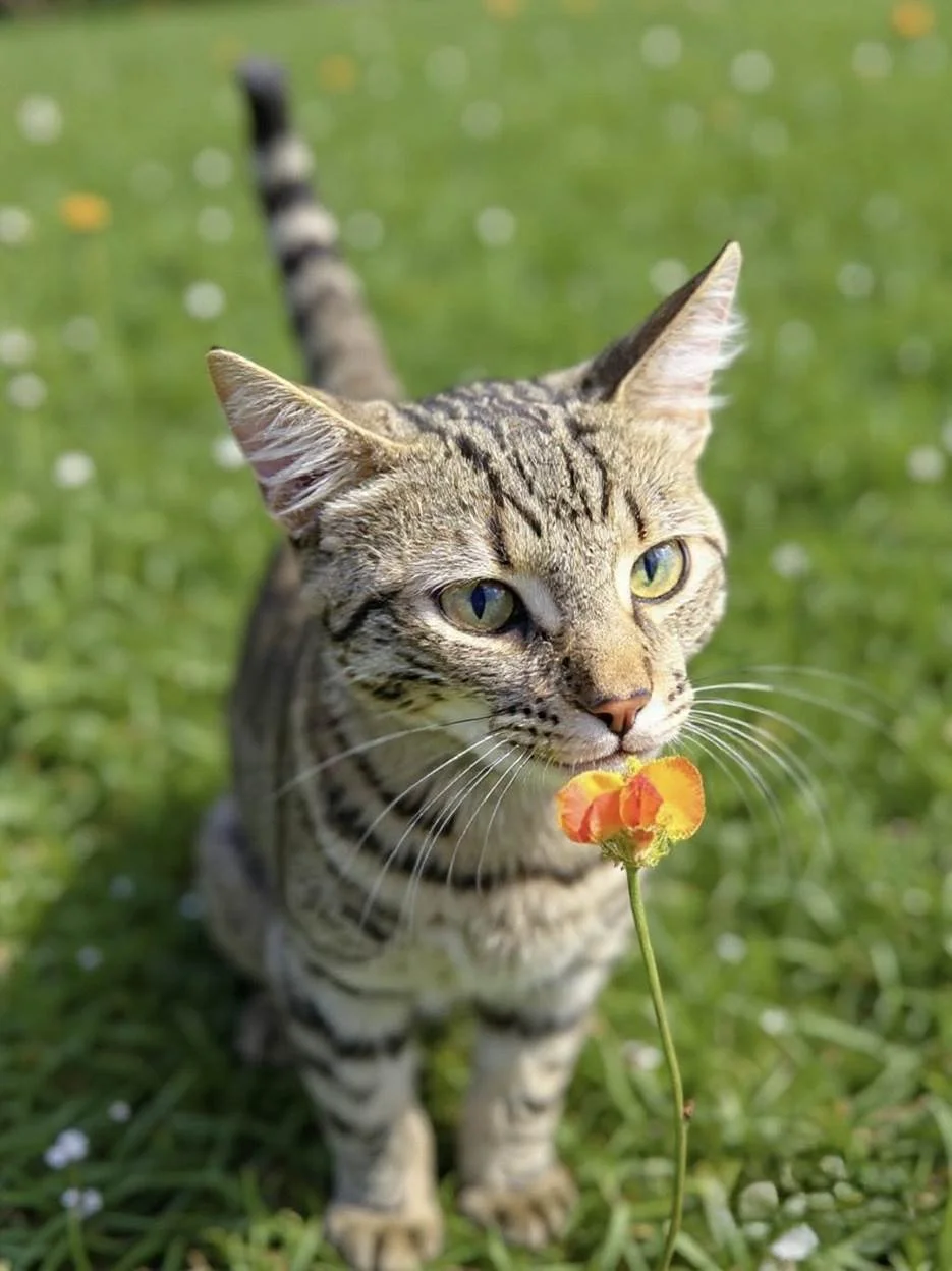 A tabby cat with green eyes outdoors on grass, holding a small orange and yellow flower in its mouth.