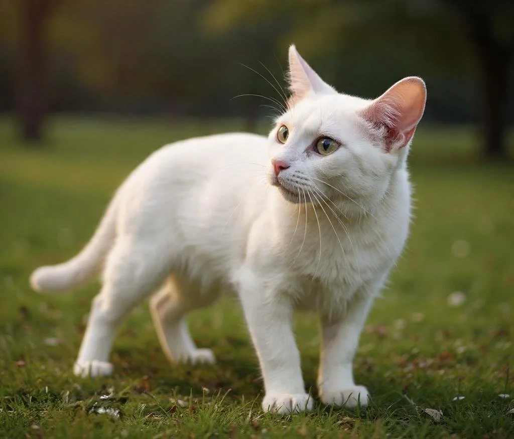 White domestic cat standing on grass outdoors, looking to the right, with blurred trees in background.