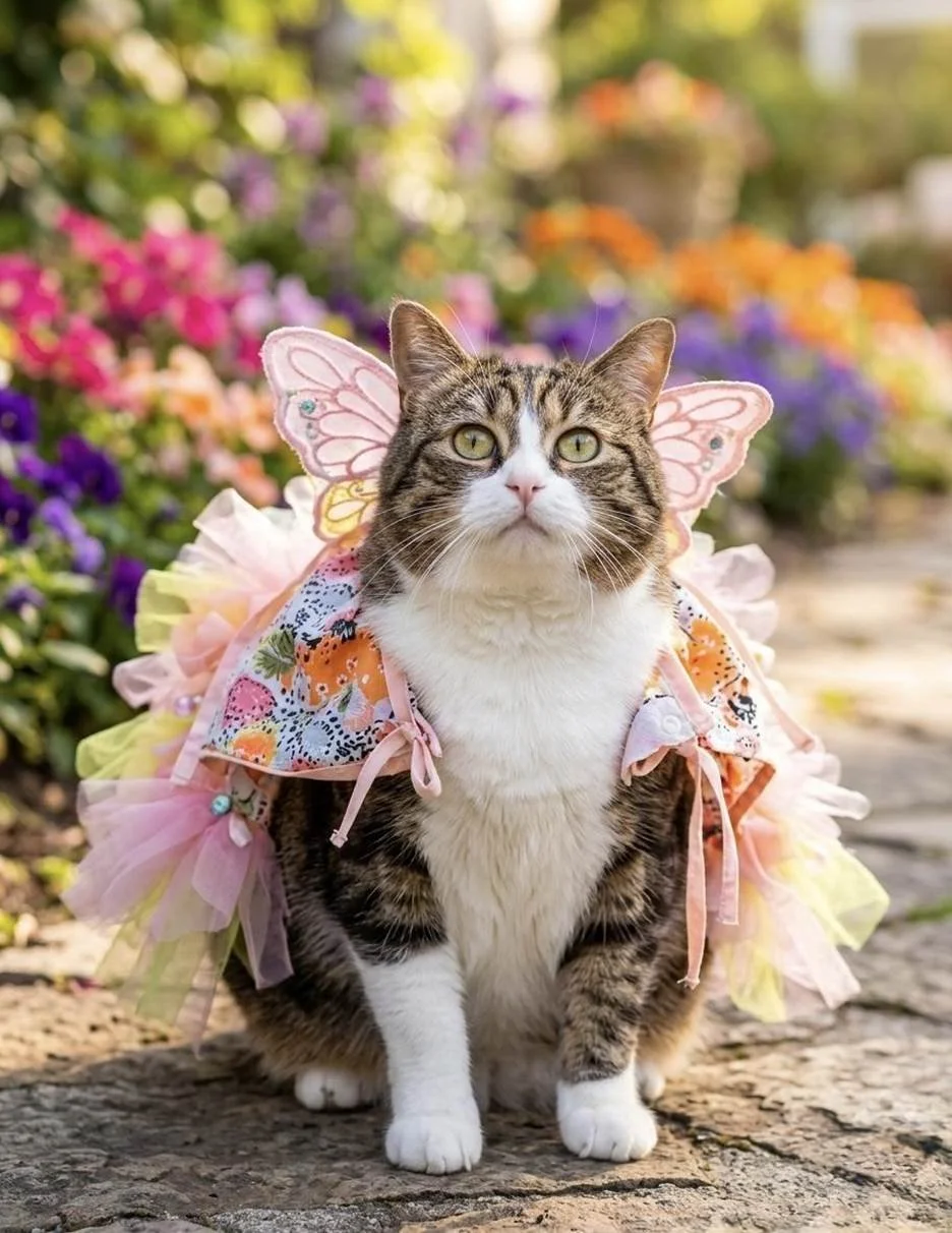 A cat dressed as a fairy with pink butterfly wings and a colorful tutu, sitting on a stone path in a garden with blooming flowers.