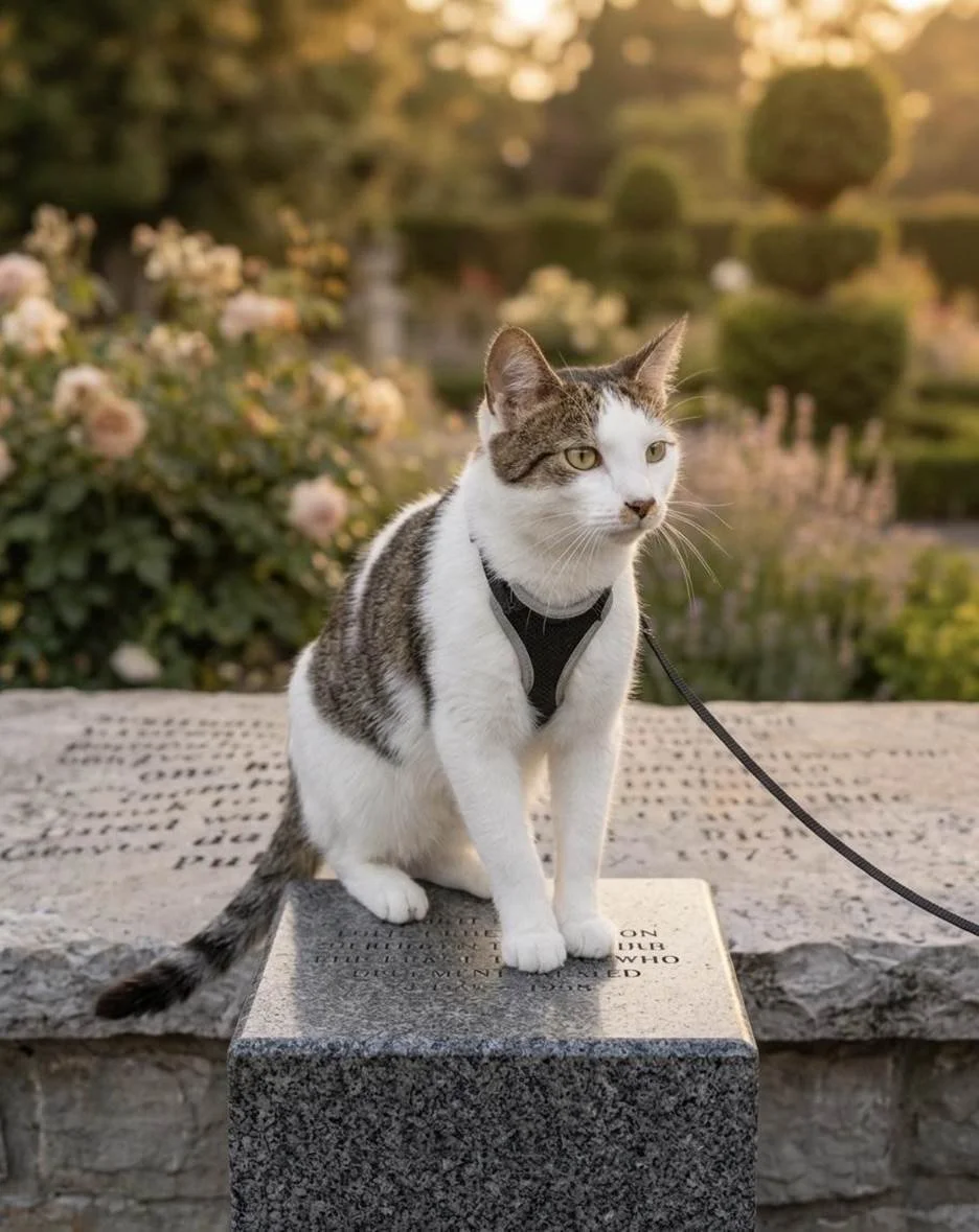A black and white cat sitting on a granite monument in a garden, with pink roses and manicured bushes in the background during sunset.