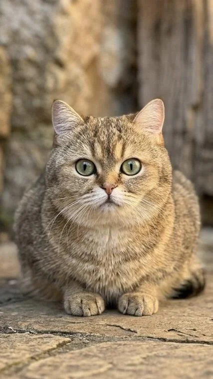 A brown tabby cat with green eyes sitting on a stone surface outdoors, with a blurred natural background.