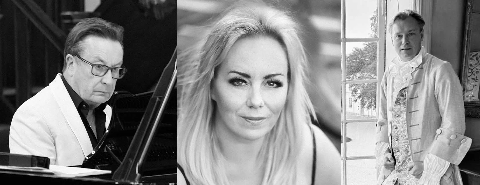 Tre personer i svartvitt fotografi, en man som spelar piano, en kvinna i mitten och en man i vit klädsel stående vid ett fönster.