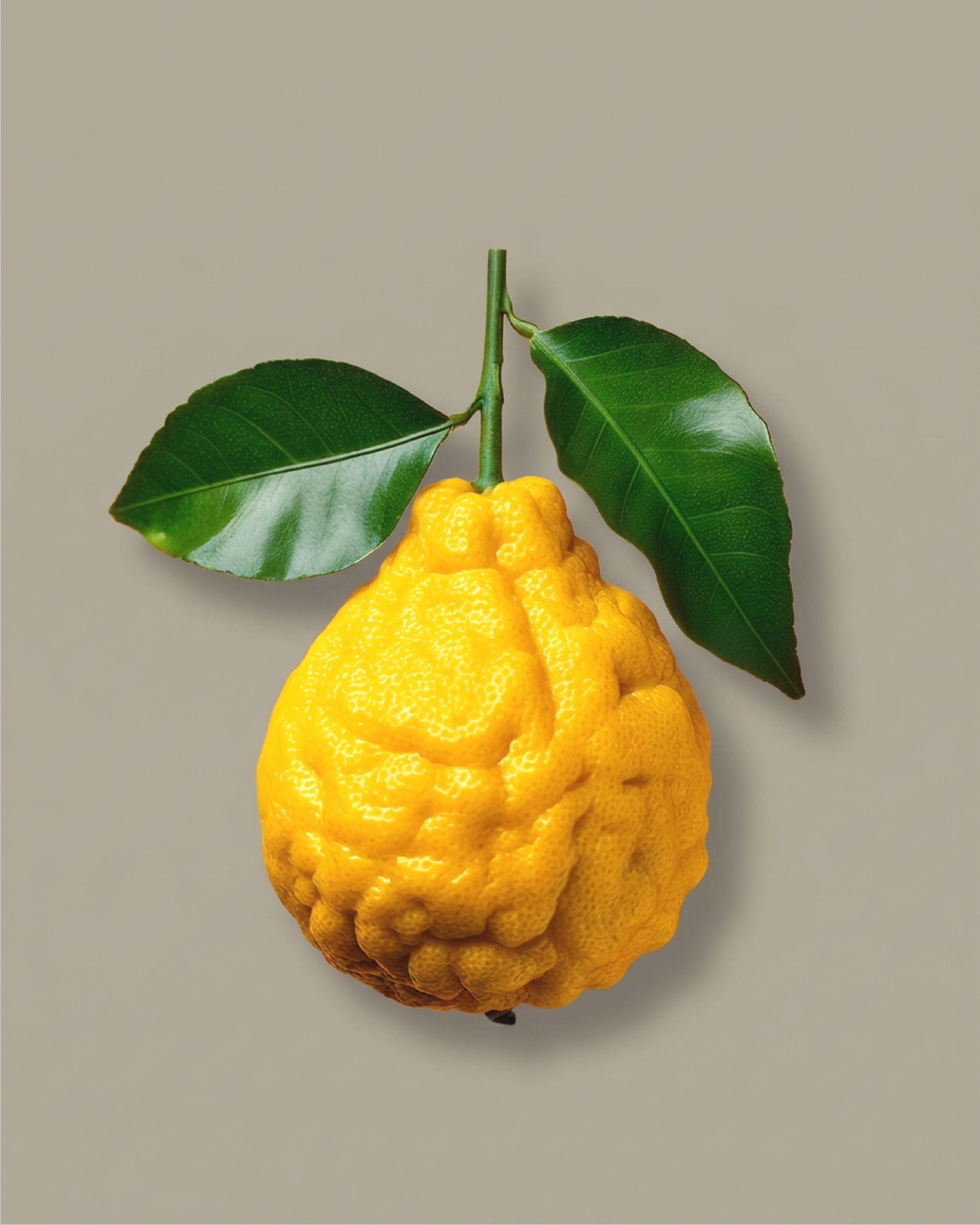 Un kumquat jaune avec deux feuilles vertes attachées, posé sur un fond gris clair.