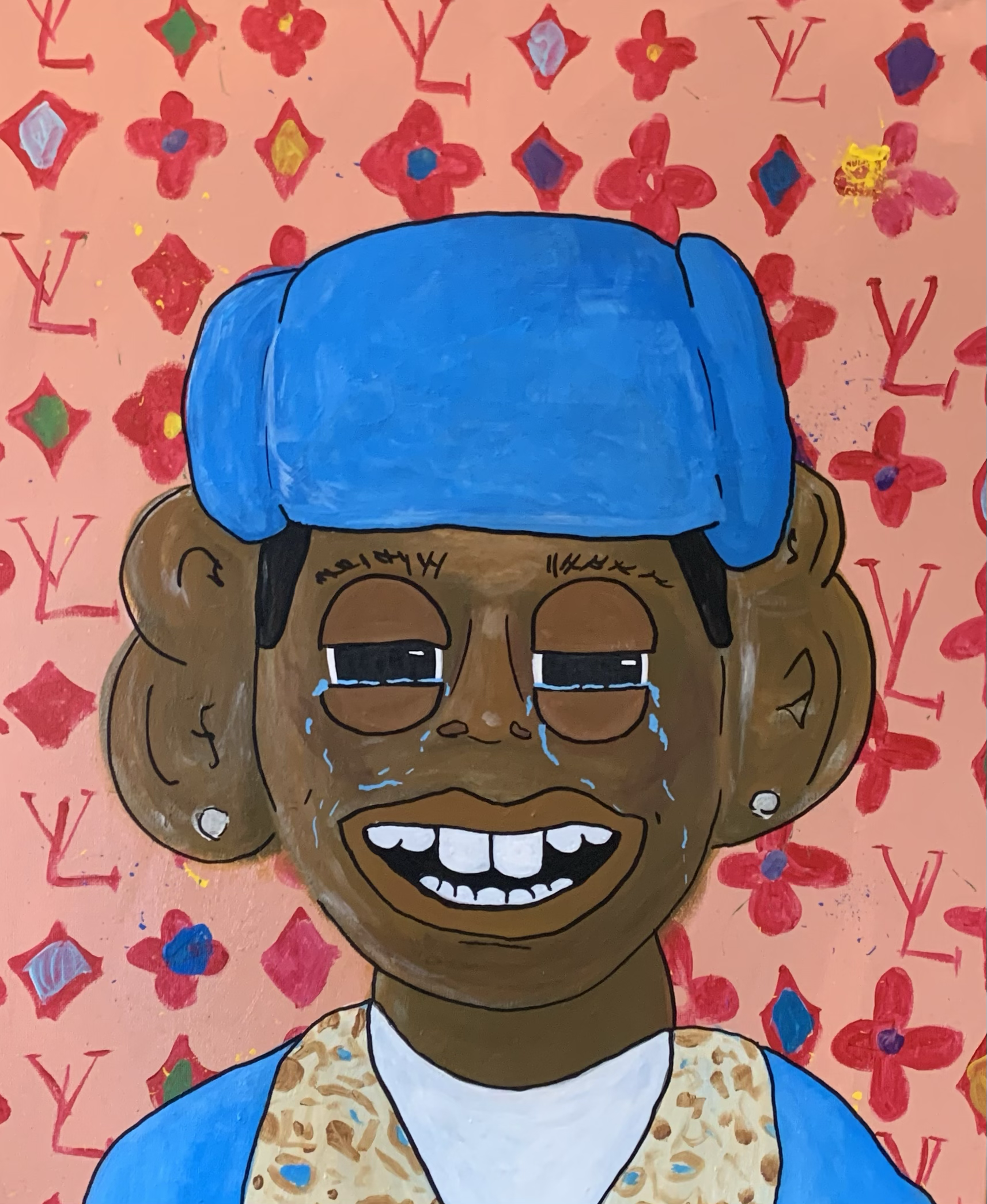 A colorful drawing of a person with a large open-mouthed smile, tears in their eyes, and a sad expression, wearing a blue cap, a patterned shirt, and an outfit with leopard print. Louis Vuitton and Tyler the Creator.
